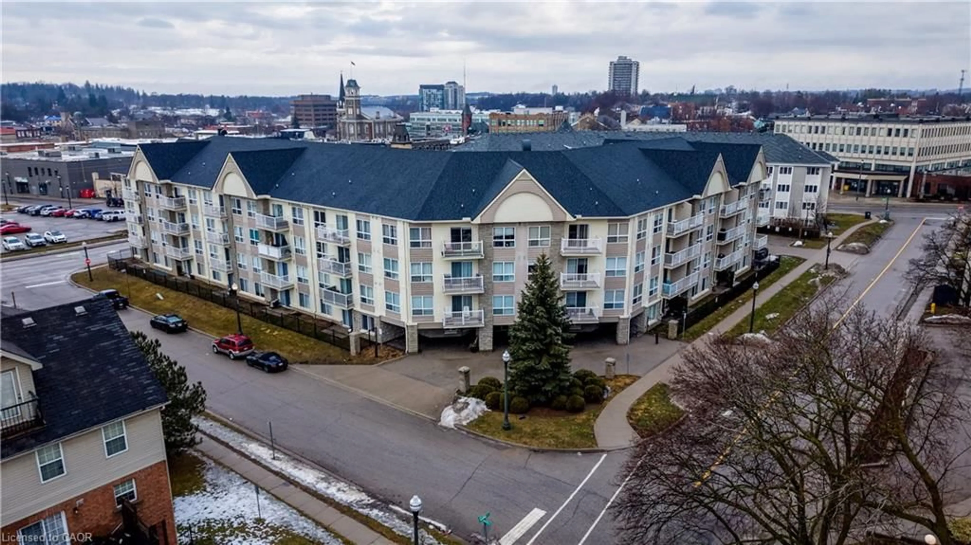 A pic from outside/outdoor area/front of a property/back of a property/a pic from drone, city buildings view from balcony for 8 Harris St #420, Cambridge Ontario N1R 8R1
