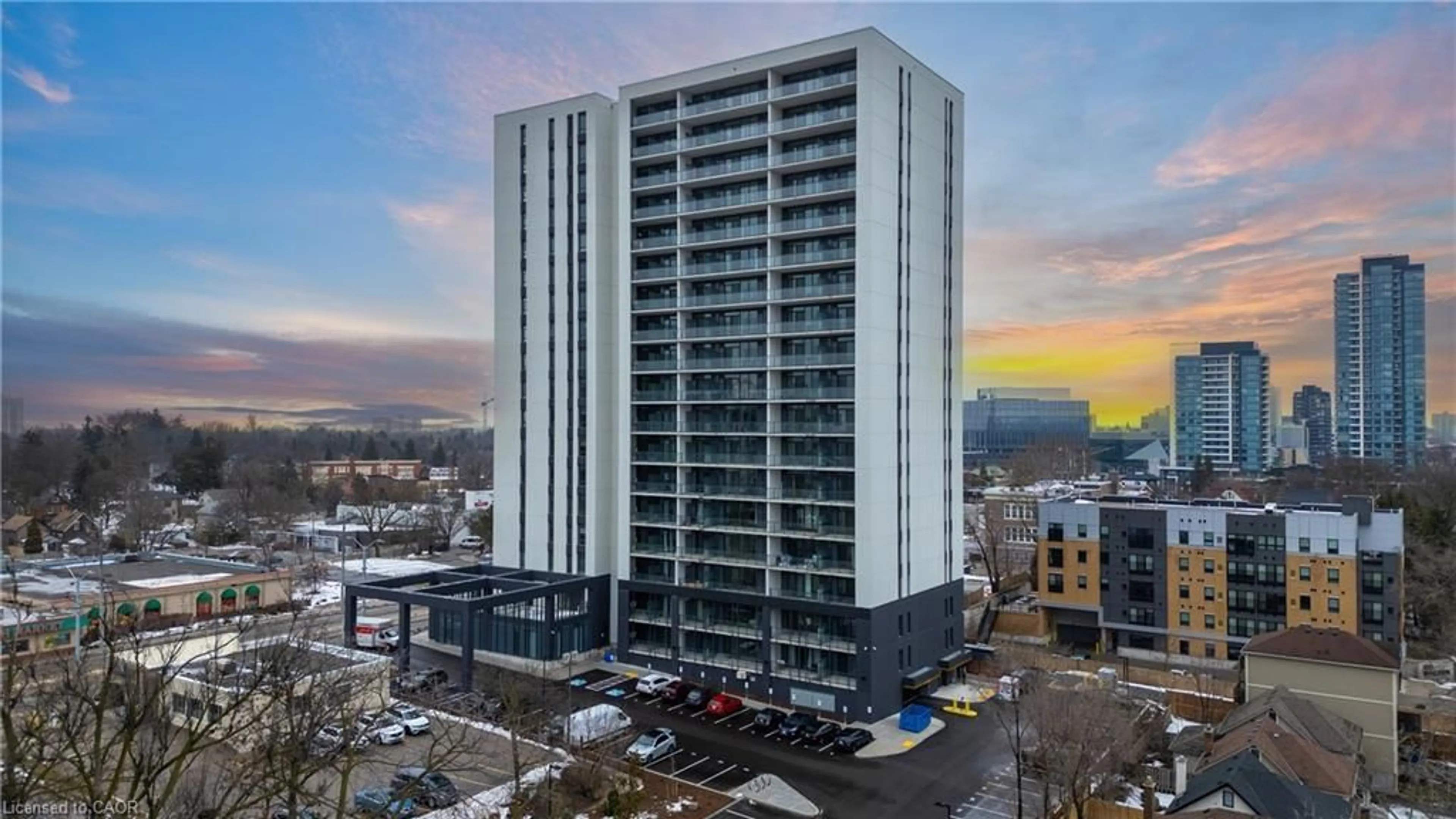 A pic from outside/outdoor area/front of a property/back of a property/a pic from drone, city buildings view from balcony for 741 King St #1112, Kitchener Ontario N2G 1E5