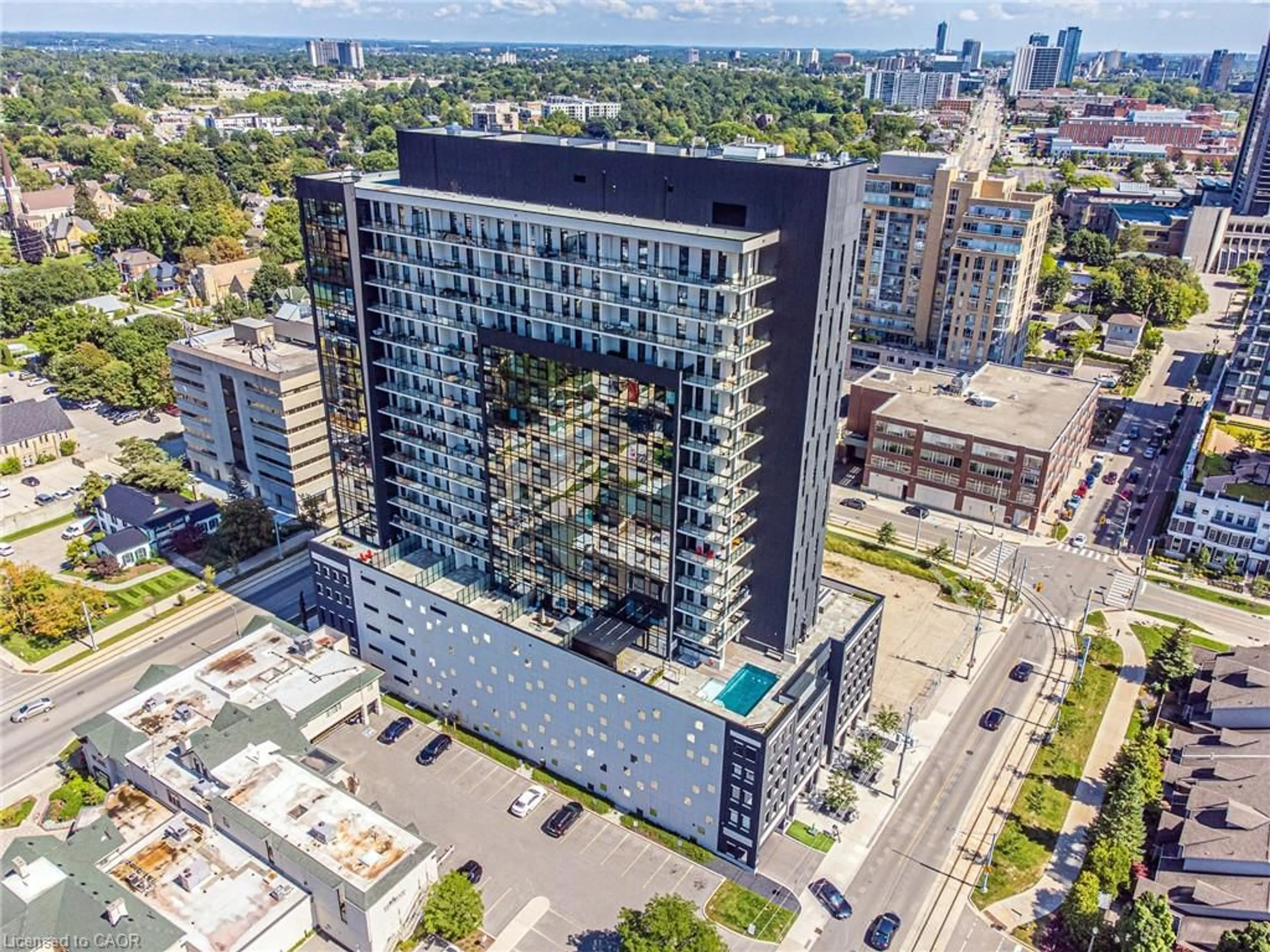 A pic from outside/outdoor area/front of a property/back of a property/a pic from drone, city buildings view from balcony for 181 King St #1513, Waterloo Ontario N2J 0E7