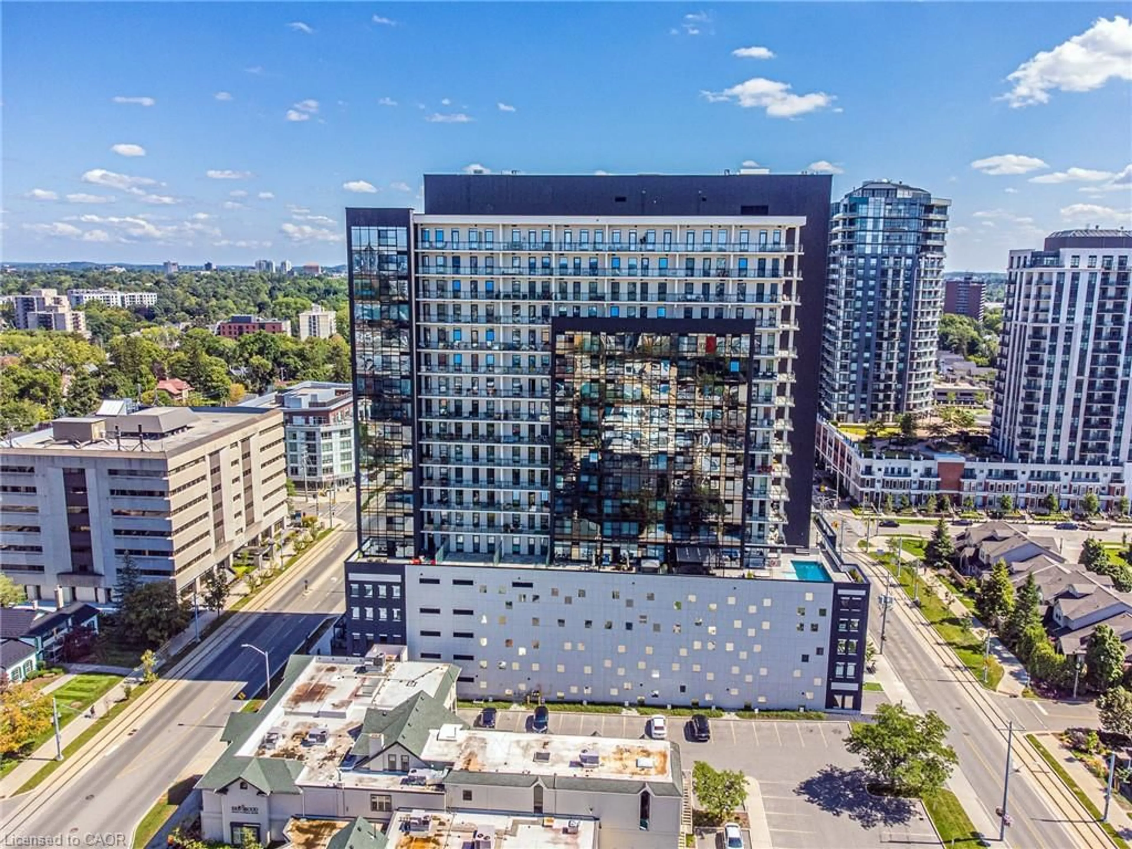 A pic from outside/outdoor area/front of a property/back of a property/a pic from drone, city buildings view from balcony for 181 King St #1513, Waterloo Ontario N2J 0E7