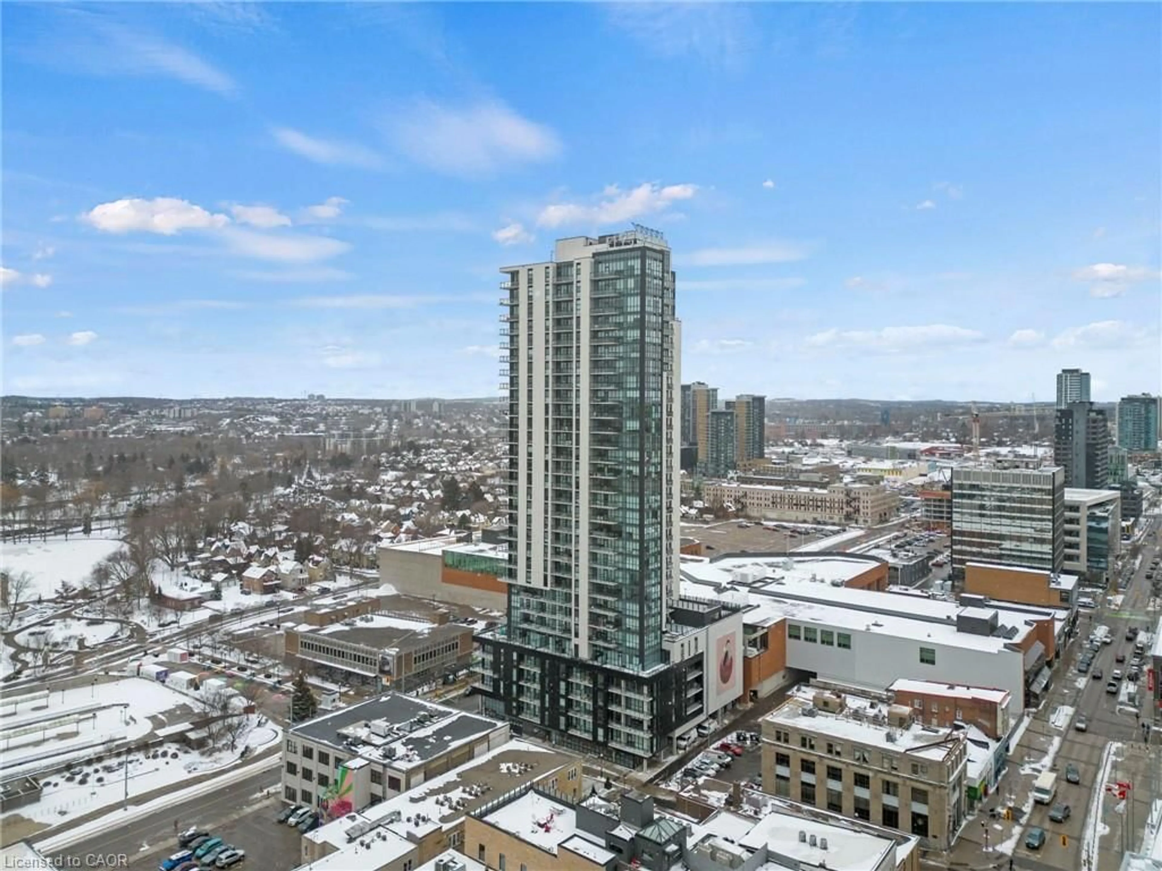 A pic from outside/outdoor area/front of a property/back of a property/a pic from drone, city buildings view from balcony for 60 Charles St #2705, Kitchener Ontario N2G 0C9