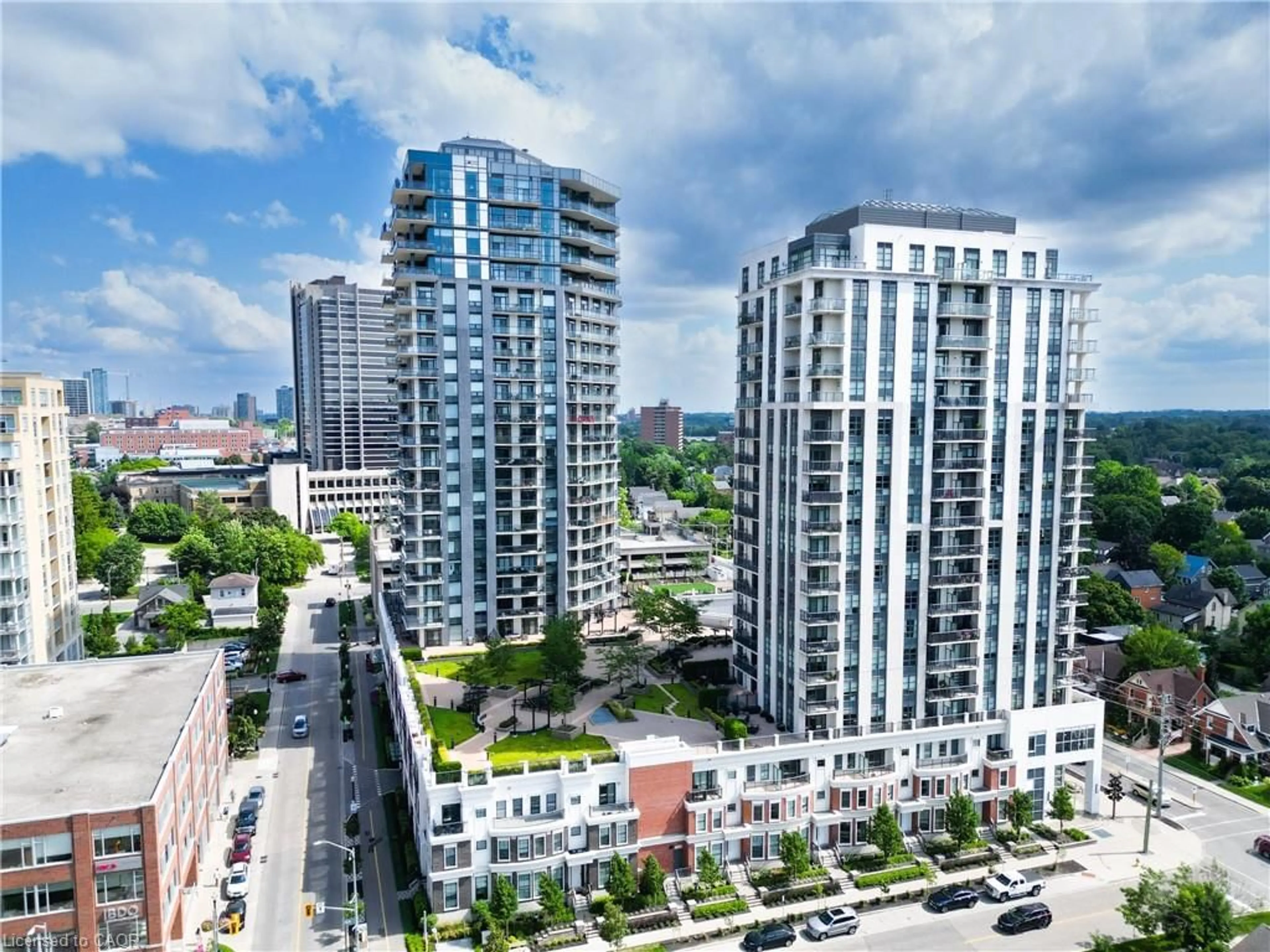 A pic from outside/outdoor area/front of a property/back of a property/a pic from drone, city buildings view from balcony for 155 Caroline St #1108, Waterloo Ontario N2L 0J8