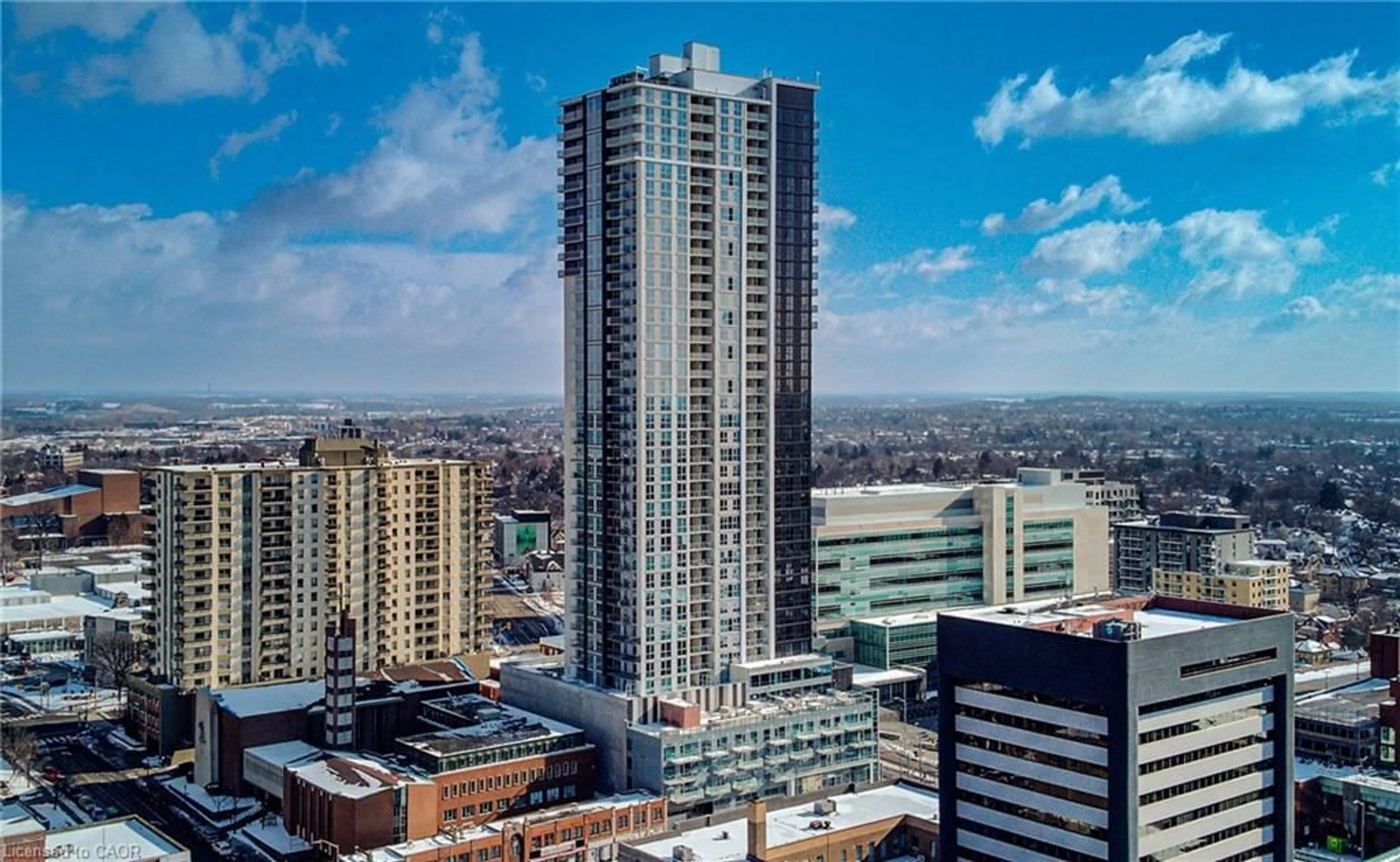 A pic from outside/outdoor area/front of a property/back of a property/a pic from drone, city buildings view from balcony for 60 Frederick St #2004, Kitchener Ontario N2H 0C7
