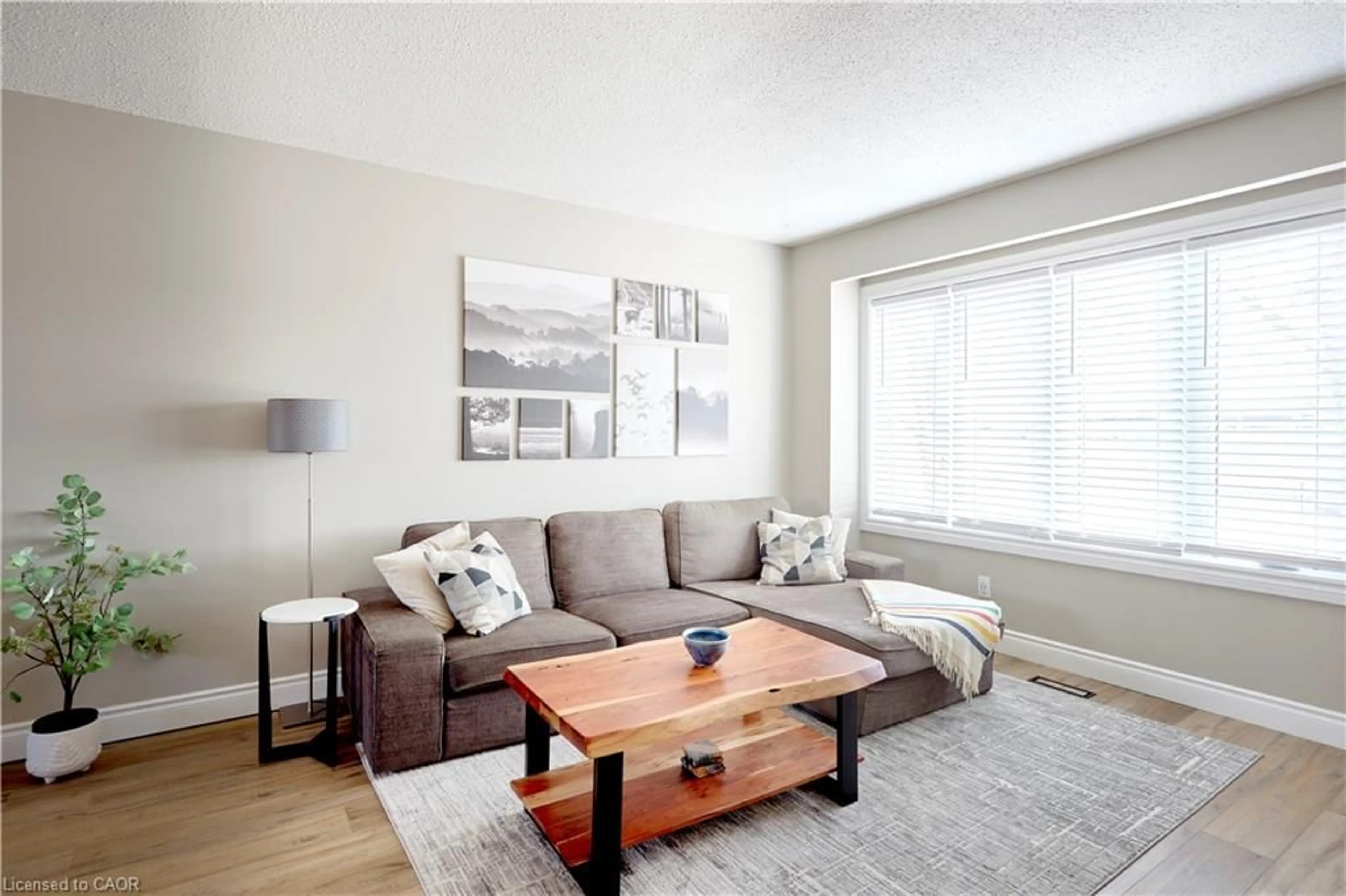 Living room with furniture, wood/laminate floor for 46 Cedarwoods Cres #27, Kitchener Ontario N2C 2L7