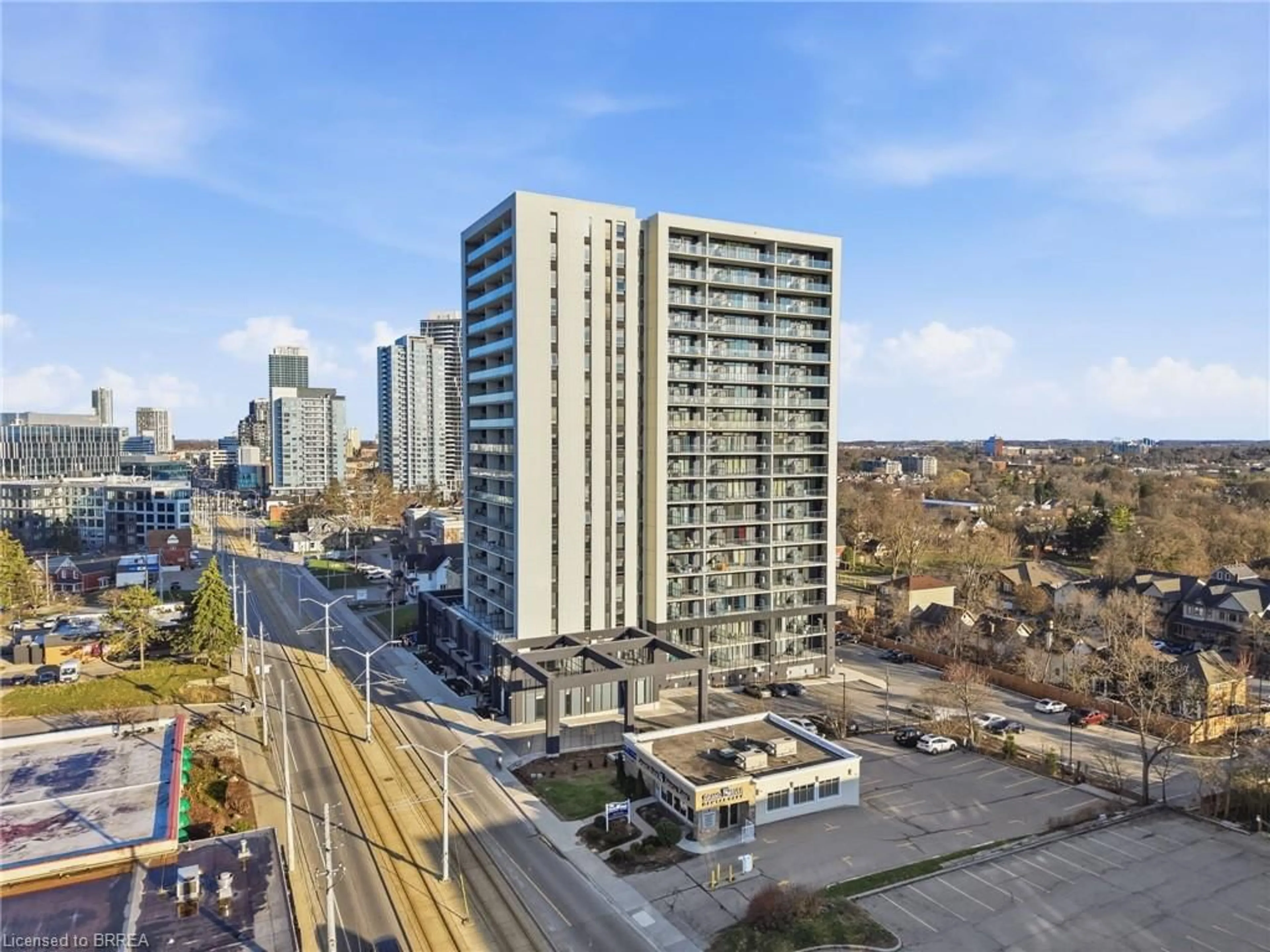 A pic from outside/outdoor area/front of a property/back of a property/a pic from drone, city buildings view from balcony for 741 King St #107, Kitchener Ontario N2G 1E5