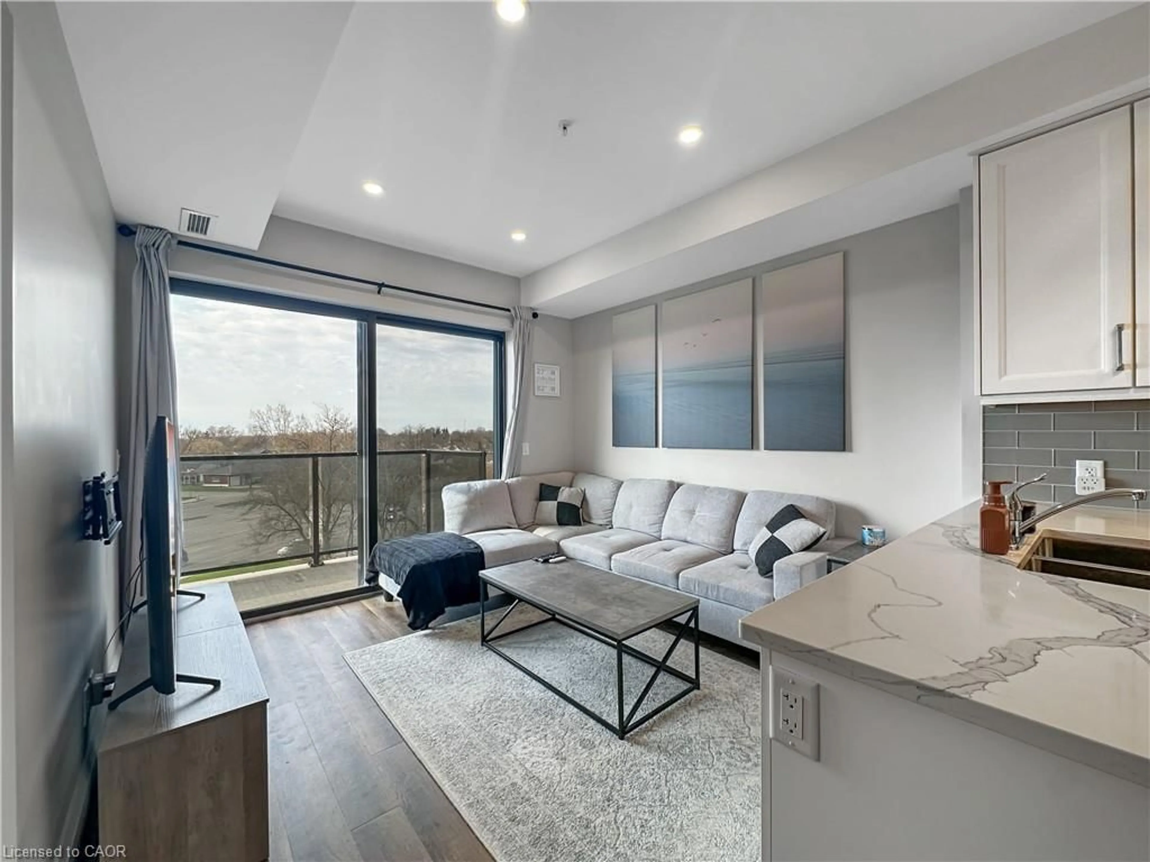 Living room with furniture, wood/laminate floor for 64 Main St N #409, Hagersville Ontario N0A 1H0