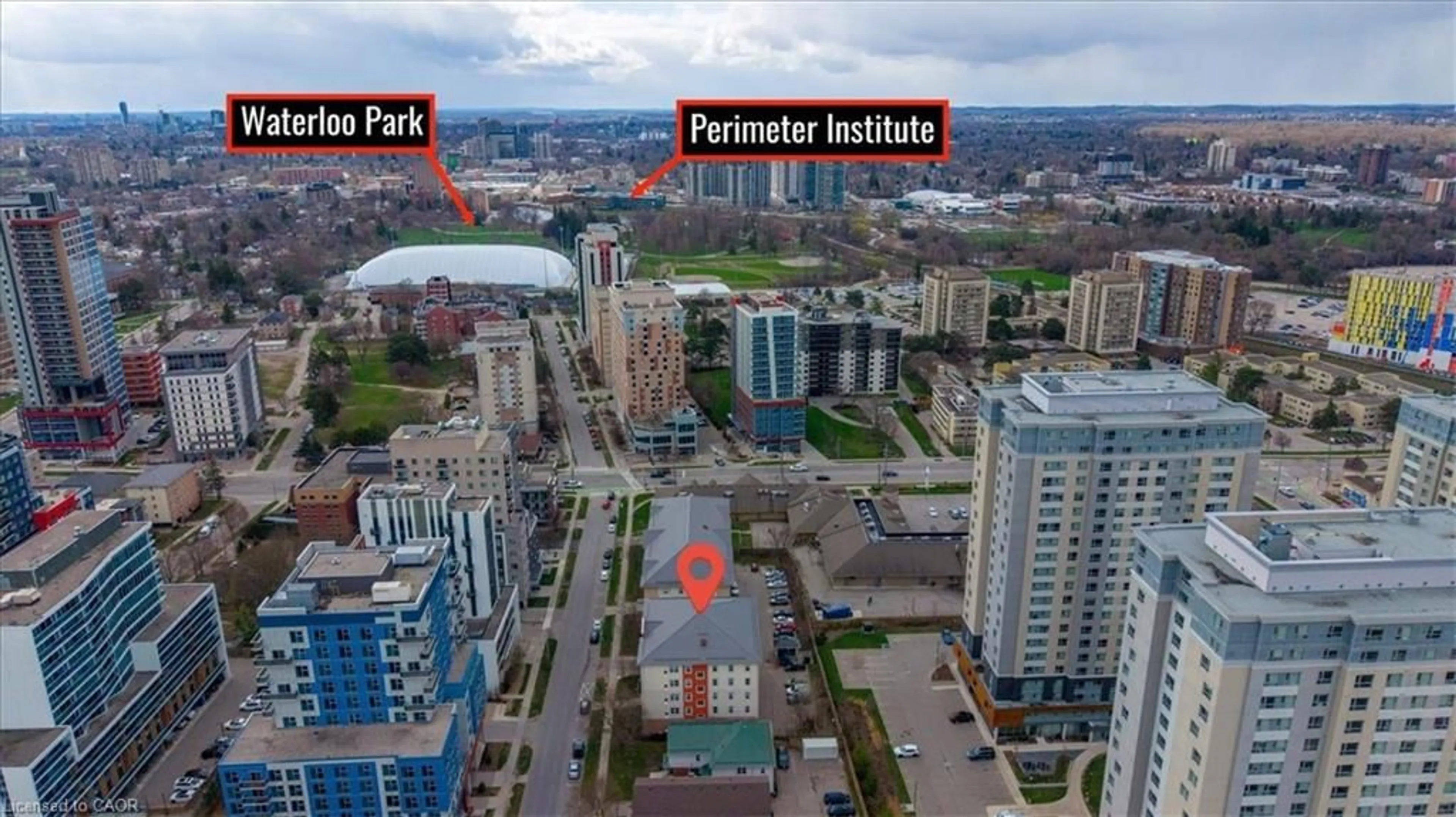 A pic from outside/outdoor area/front of a property/back of a property/a pic from drone, city buildings view from balcony for 253 Lester St #401, Waterloo Ontario N2L 3W6