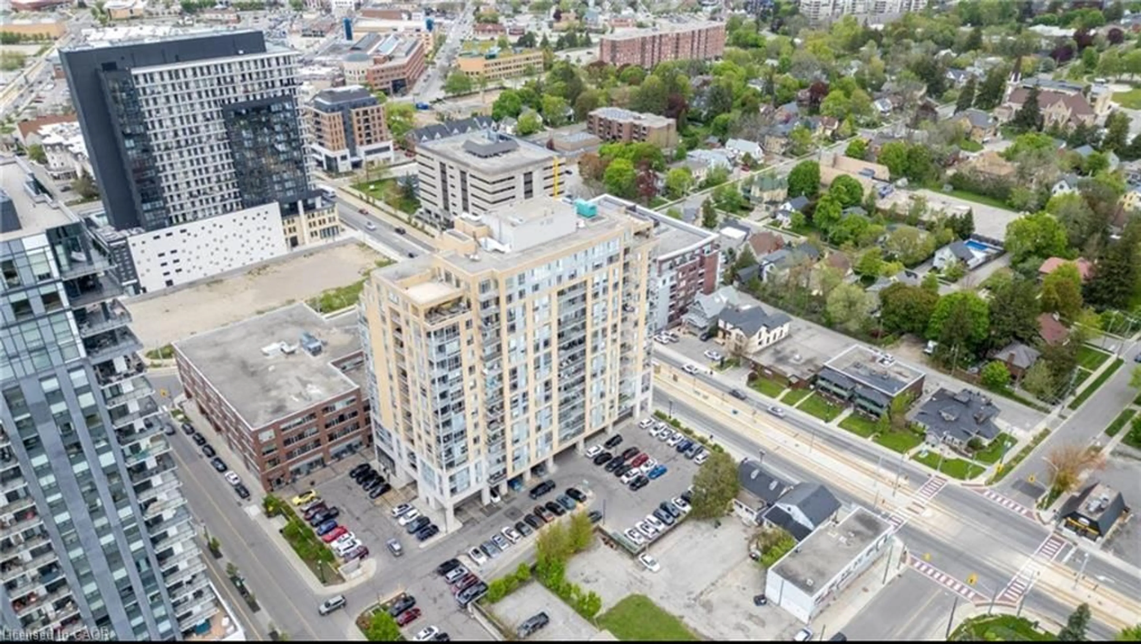 A pic from outside/outdoor area/front of a property/back of a property/a pic from drone, city buildings view from balcony for 191 King St #213, Waterloo Ontario N2J 1R1