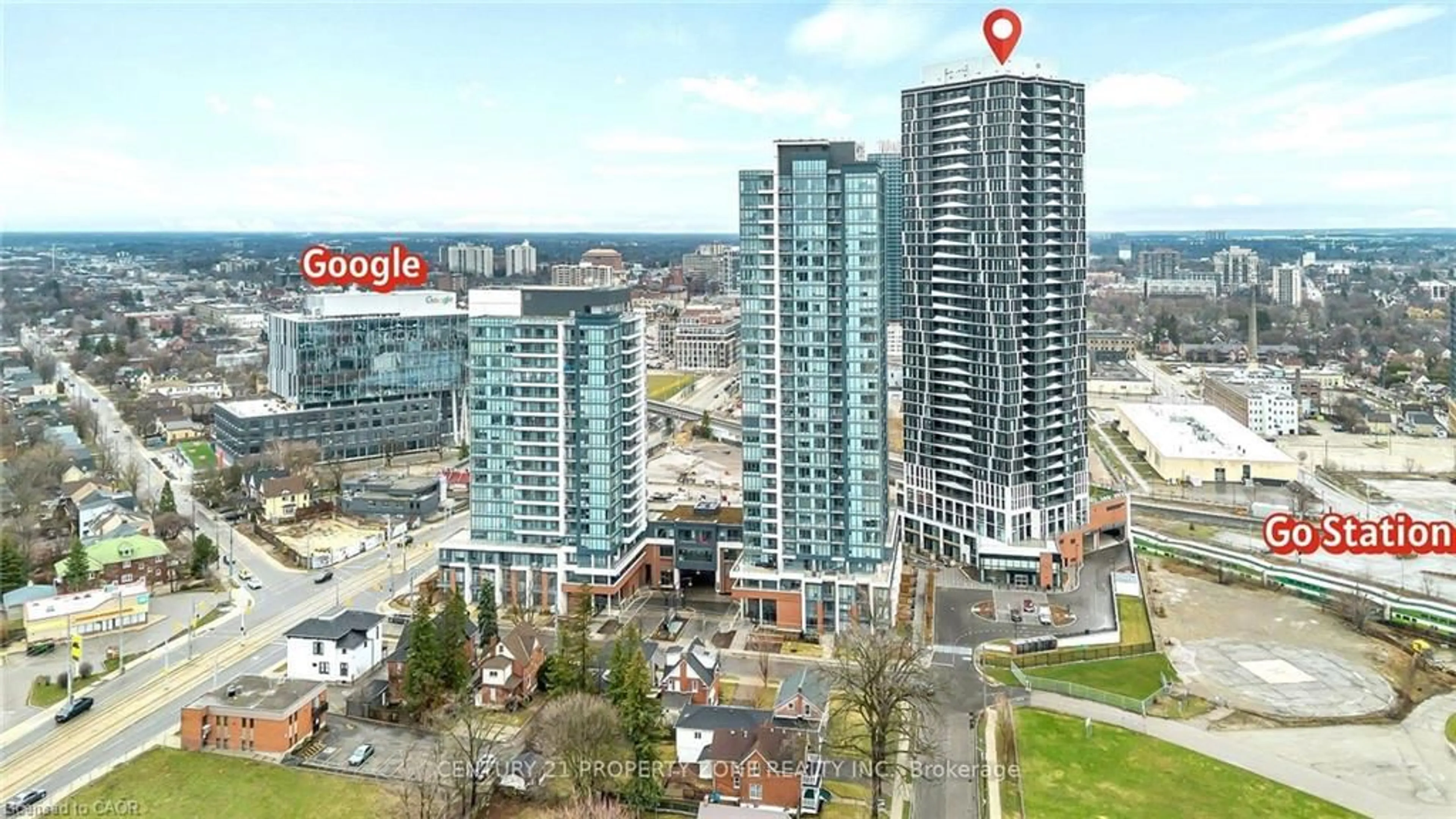A pic from outside/outdoor area/front of a property/back of a property/a pic from drone, city buildings view from balcony for 25 Wellington St #1914, Kitchener Ontario N2G 0G5