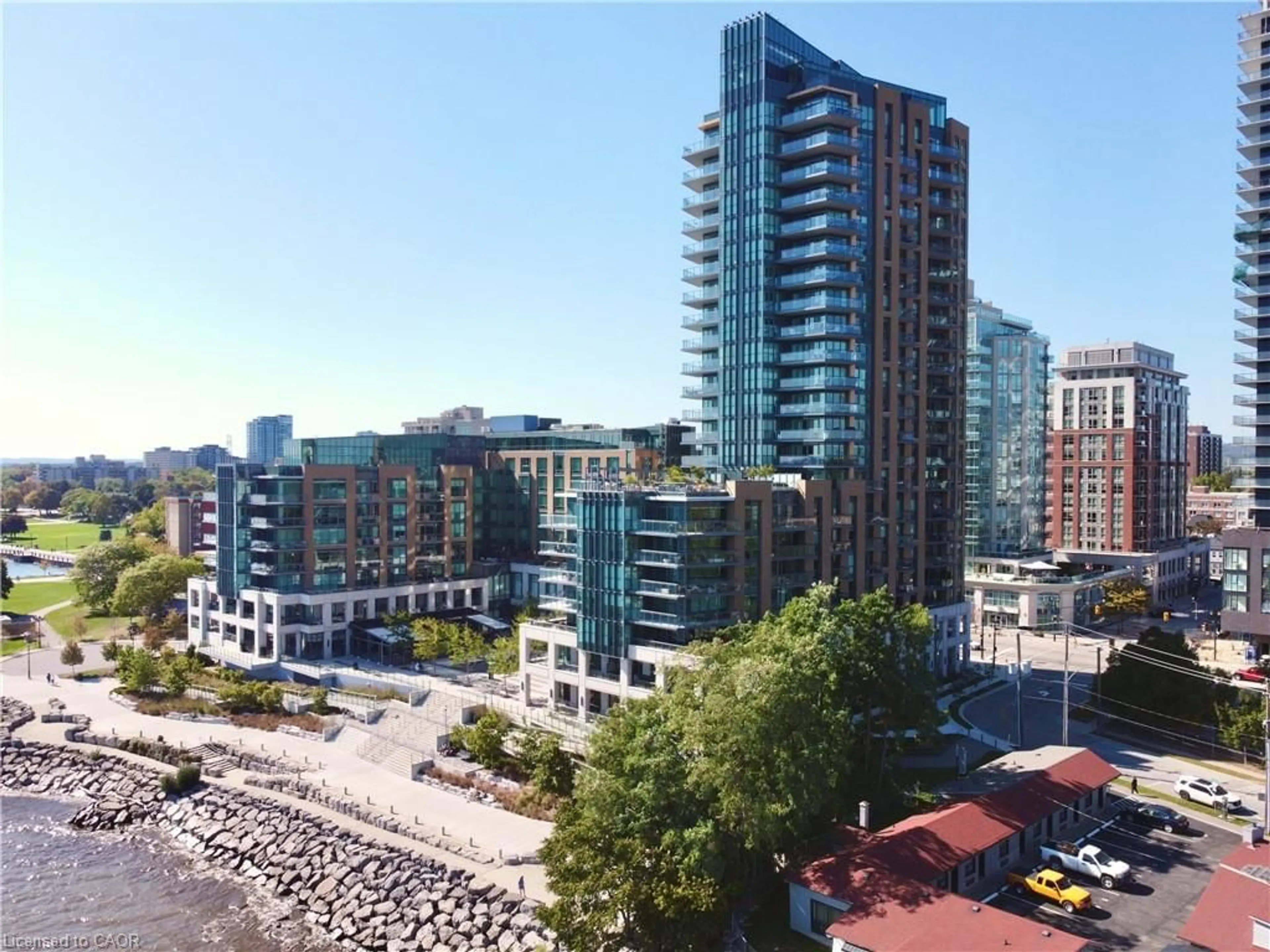 A pic from outside/outdoor area/front of a property/back of a property/a pic from drone, city buildings view from balcony for 2060 Lakeshore Rd #405, Burlington Ontario L7R 0G2