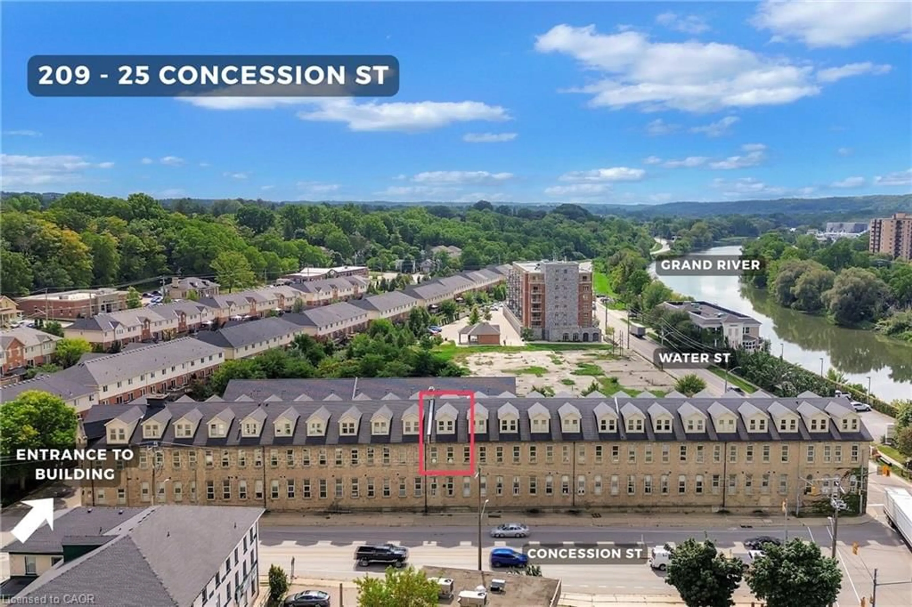 A pic from outside/outdoor area/front of a property/back of a property/a pic from drone, street for 25 Concession St #209, Cambridge Ontario N1R 2G6