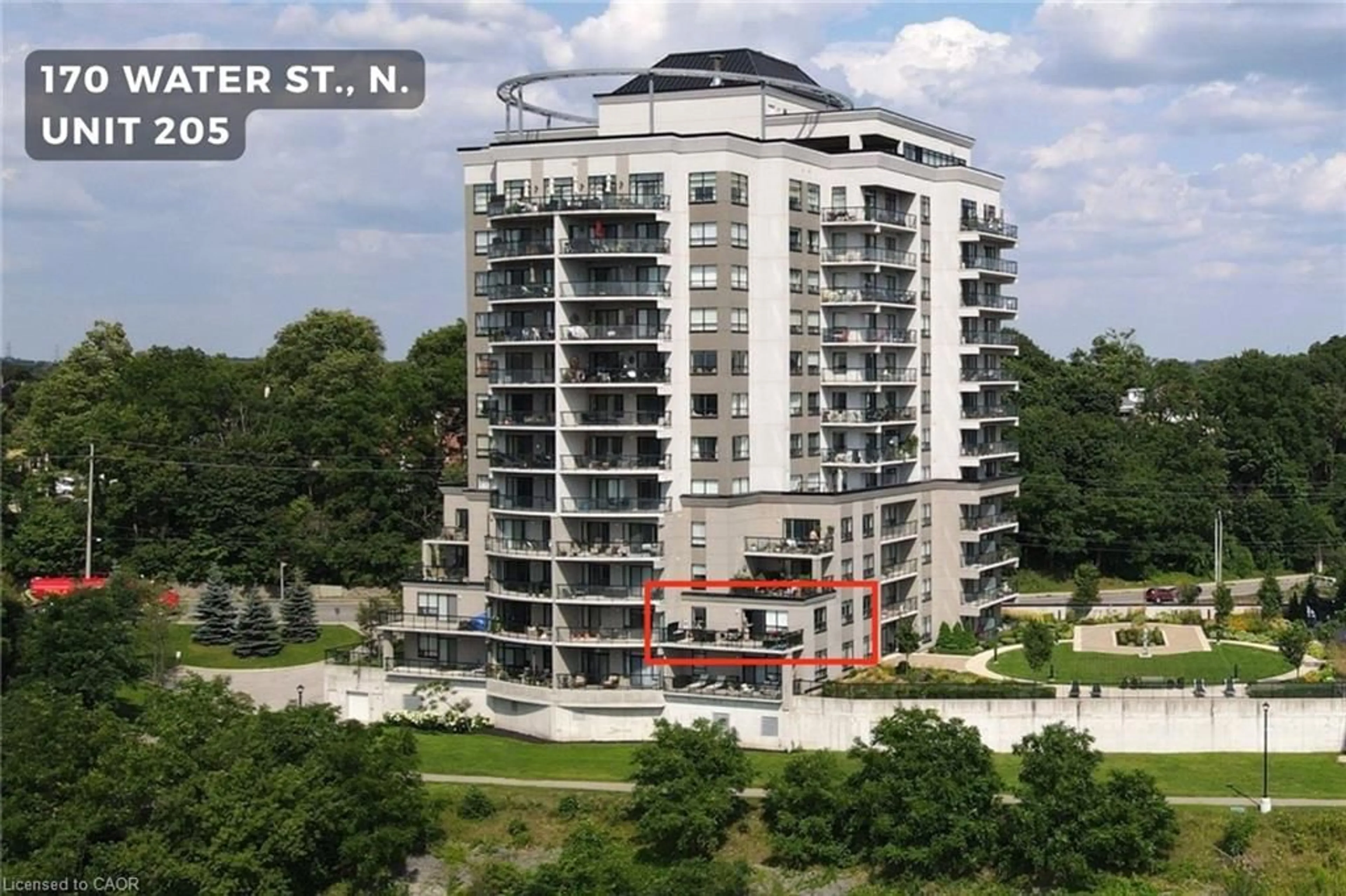 A pic from outside/outdoor area/front of a property/back of a property/a pic from drone, city buildings view from balcony for 170 Water St #205, Cambridge Ontario N1R 3B6