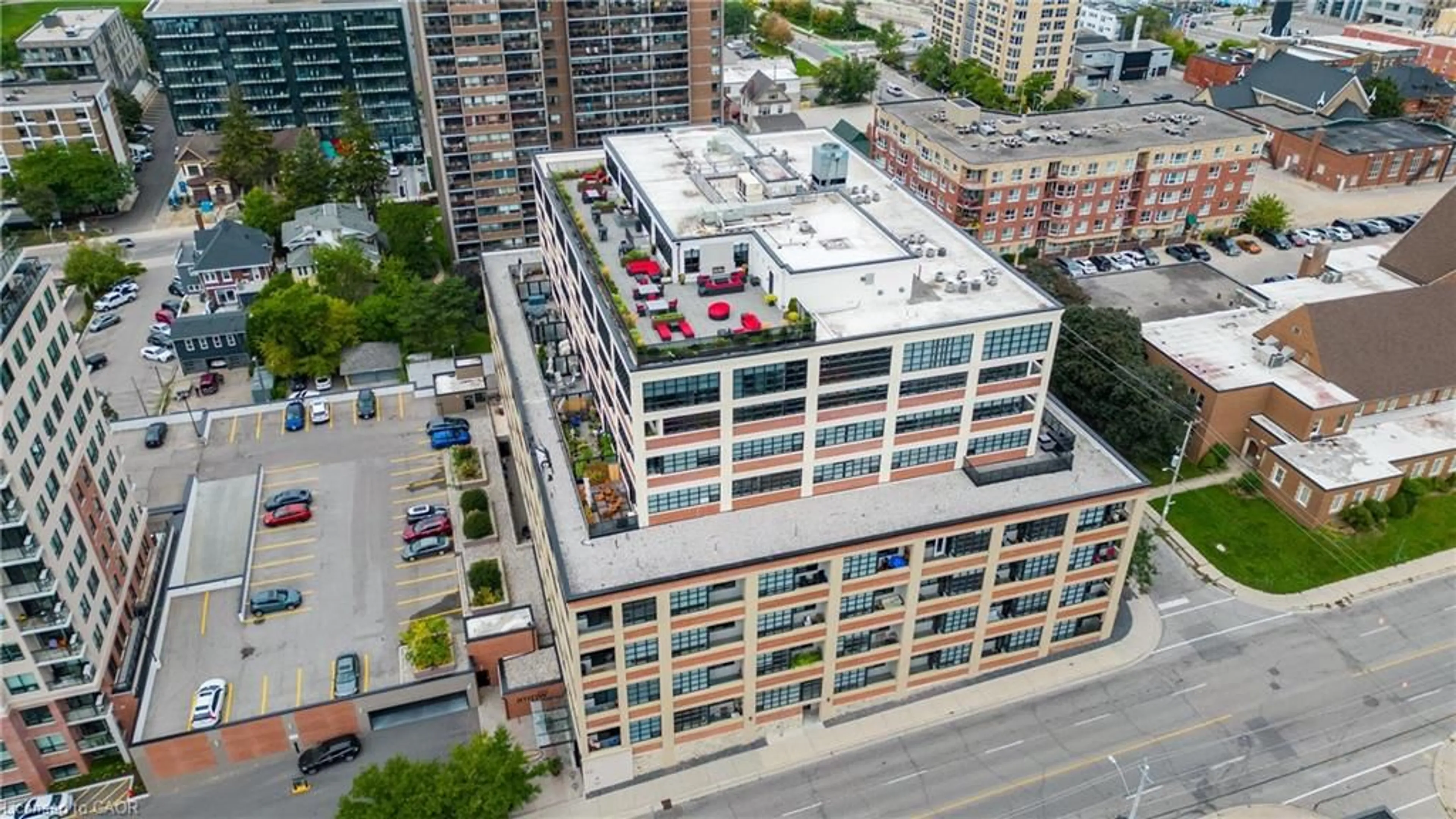 A pic from outside/outdoor area/front of a property/back of a property/a pic from drone, city buildings view from balcony for 112 Benton St #601, Kitchener Ontario N2G 3H6