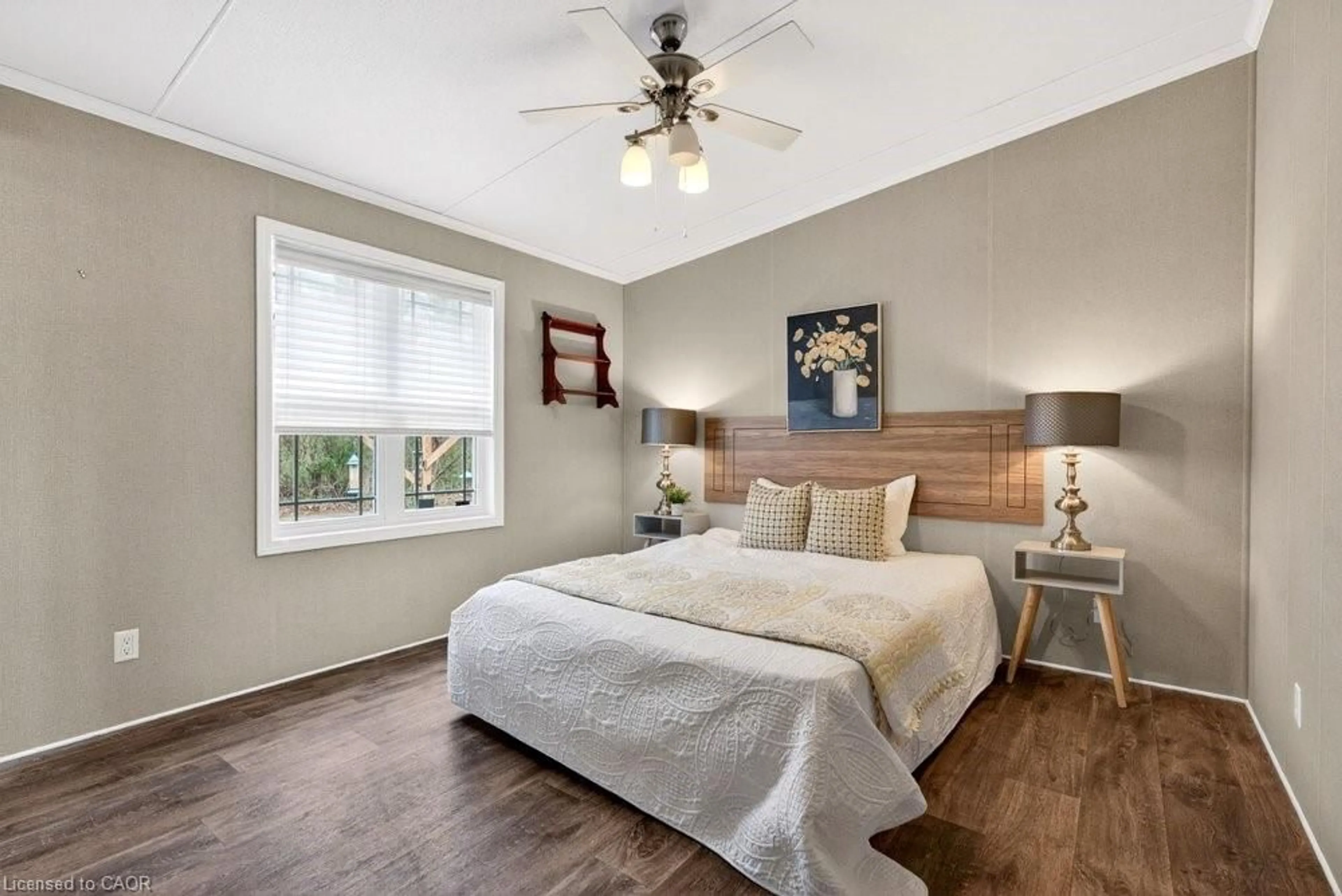 Bedroom with bed, wood/laminate floor for 4449 Milburough Rd #2 Oak, Burlington Ontario L7P 0C5