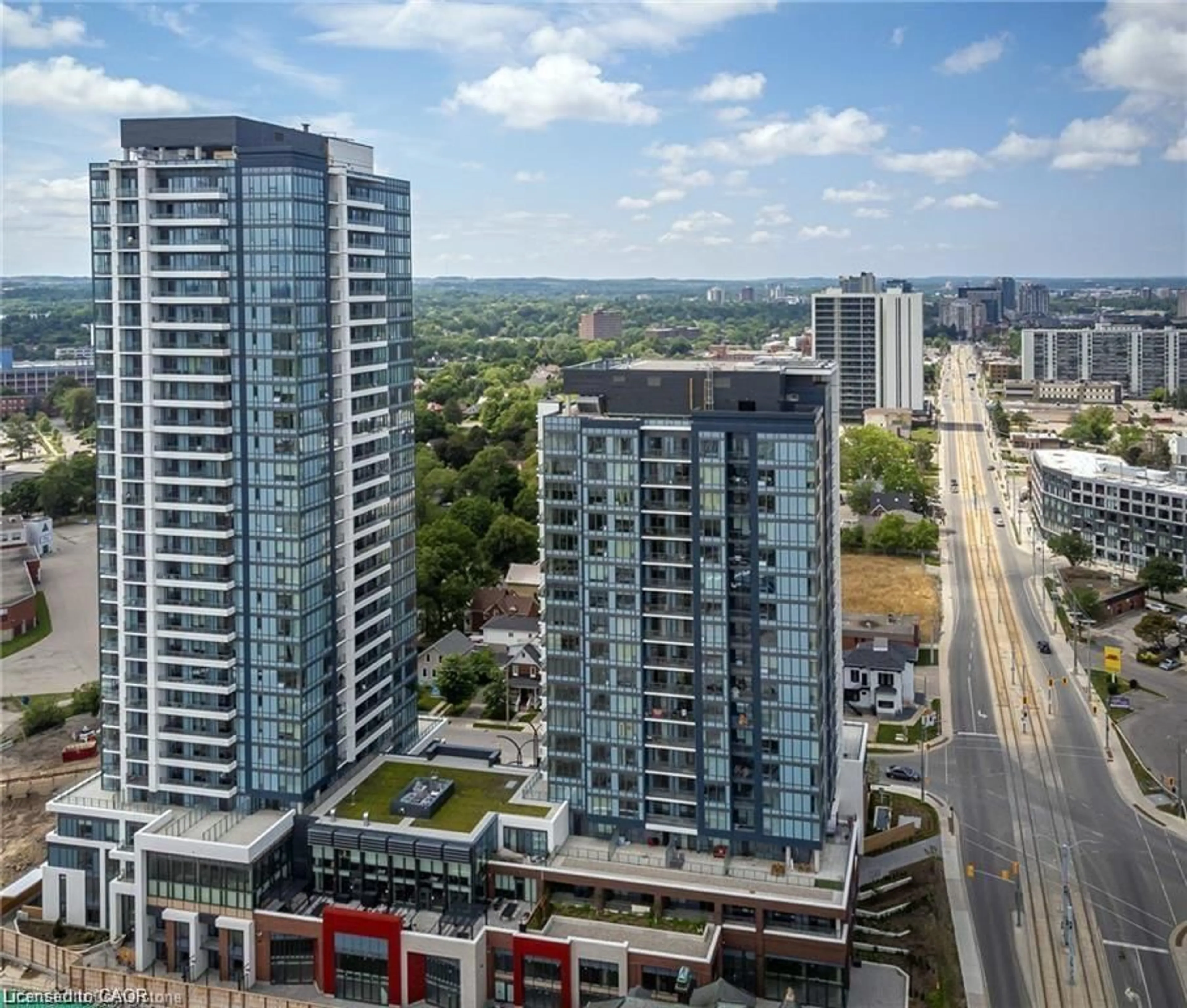 A pic from outside/outdoor area/front of a property/back of a property/a pic from drone, city buildings view from balcony for 15 Wellington St #2612, Kitchener Ontario N2G 0E4