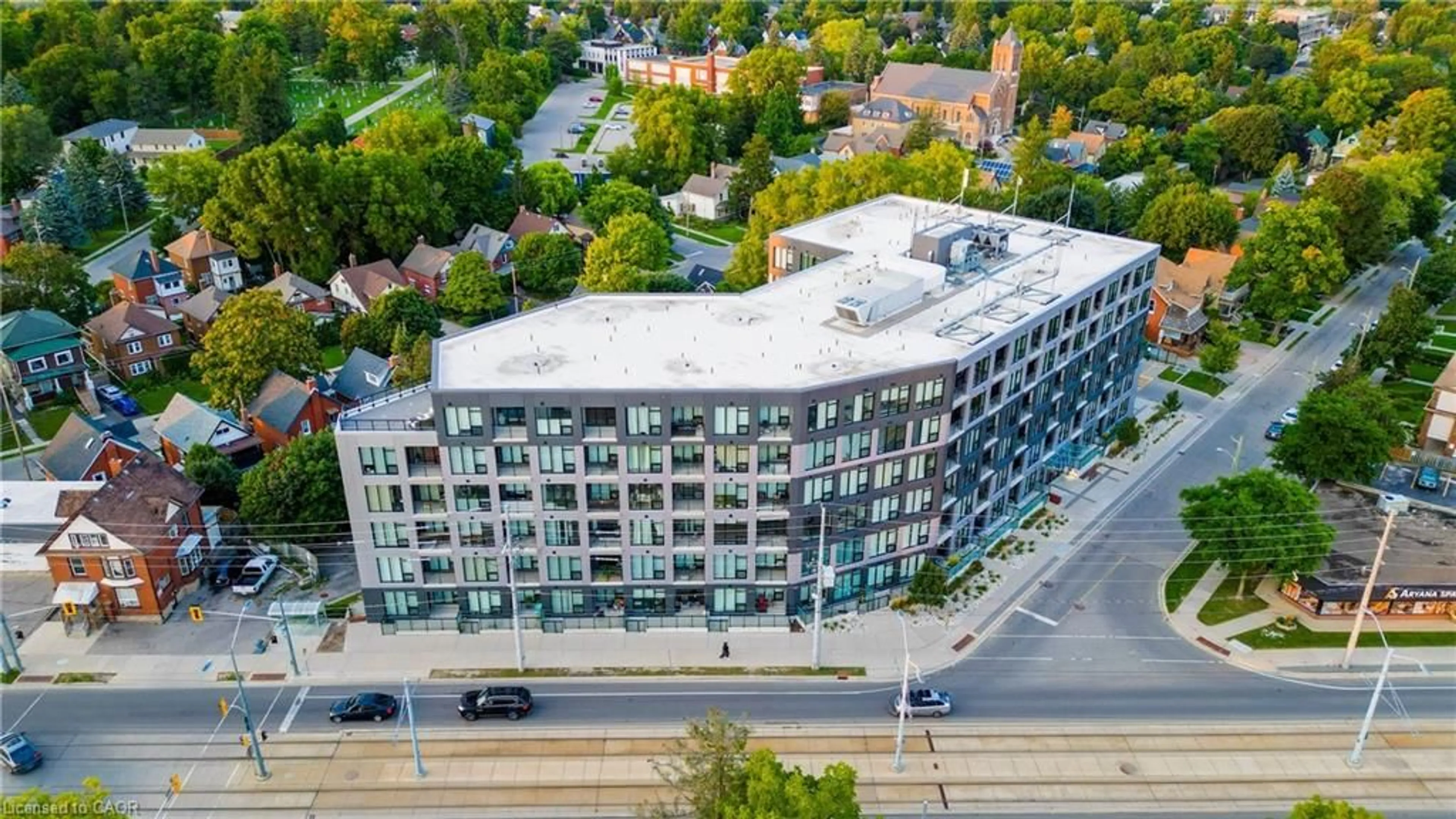 A pic from outside/outdoor area/front of a property/back of a property/a pic from drone, city buildings view from balcony for 690 King St #112, Kitchener Ontario N2G 0B9