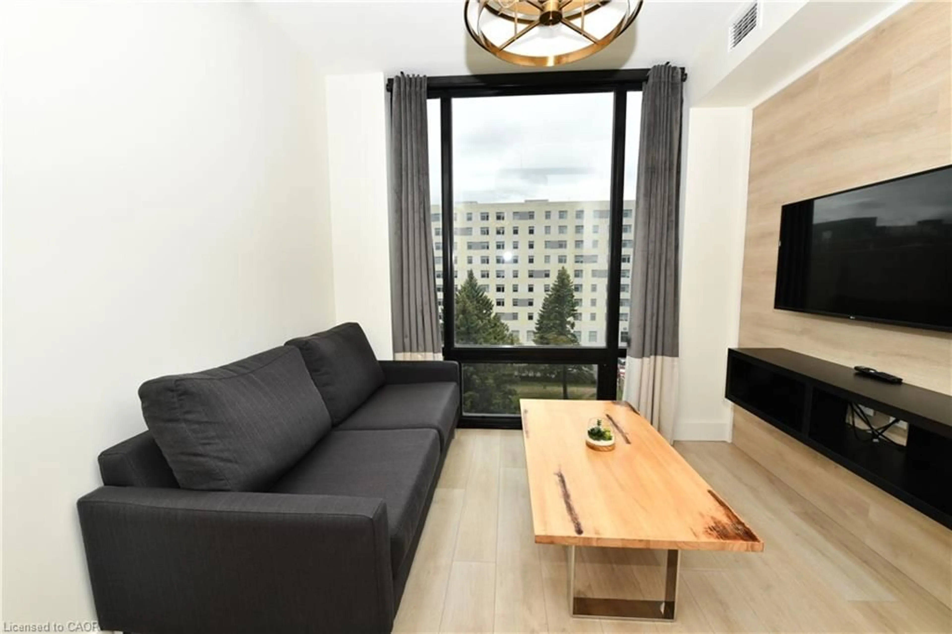 Living room with furniture, wood/laminate floor for 145 Columbia St #736, Waterloo Ontario N2L 0K7