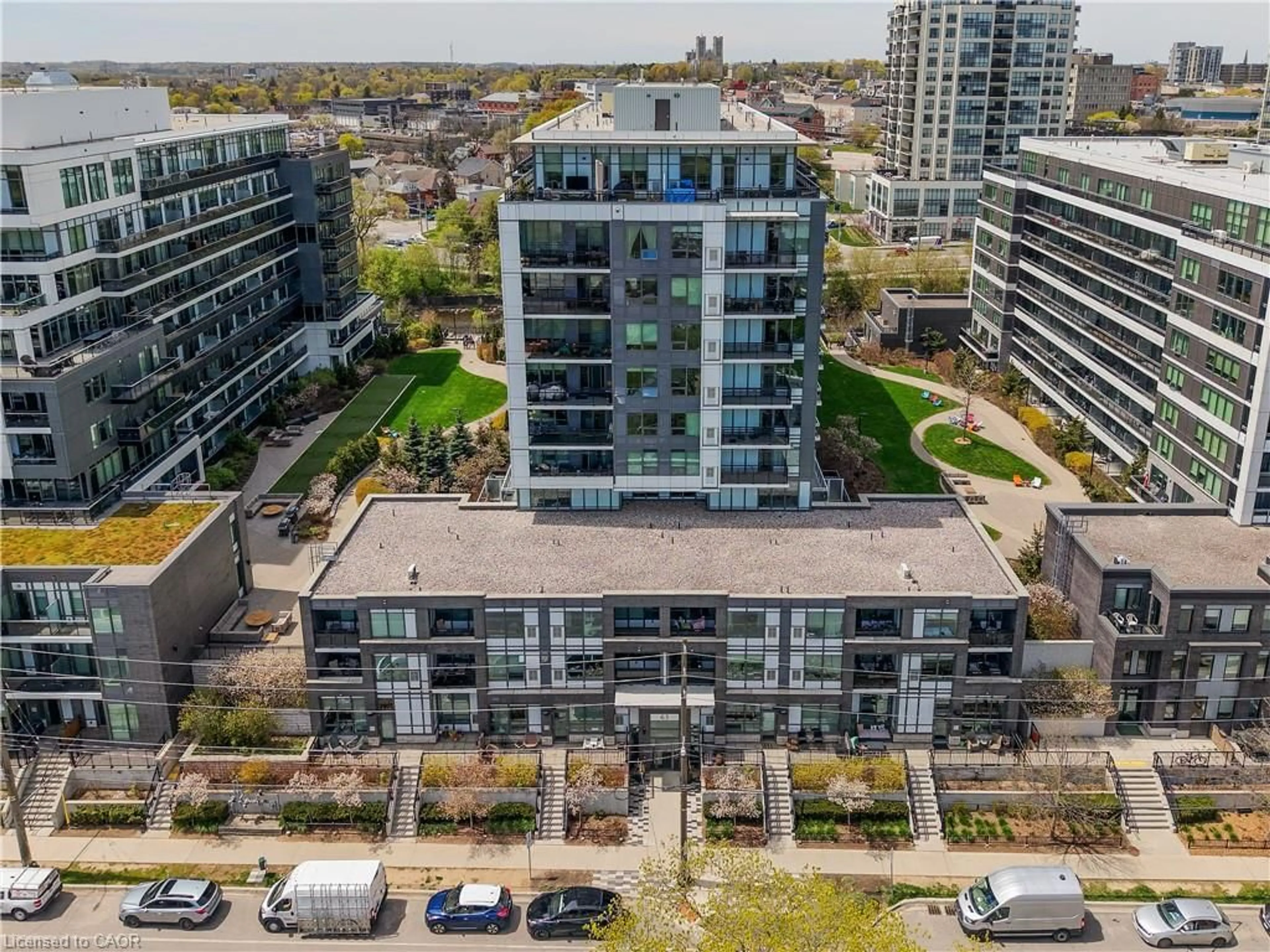 A pic from outside/outdoor area/front of a property/back of a property/a pic from drone, city buildings view from balcony for 63 Arthur St #205, Guelph Ontario N1E 0A8