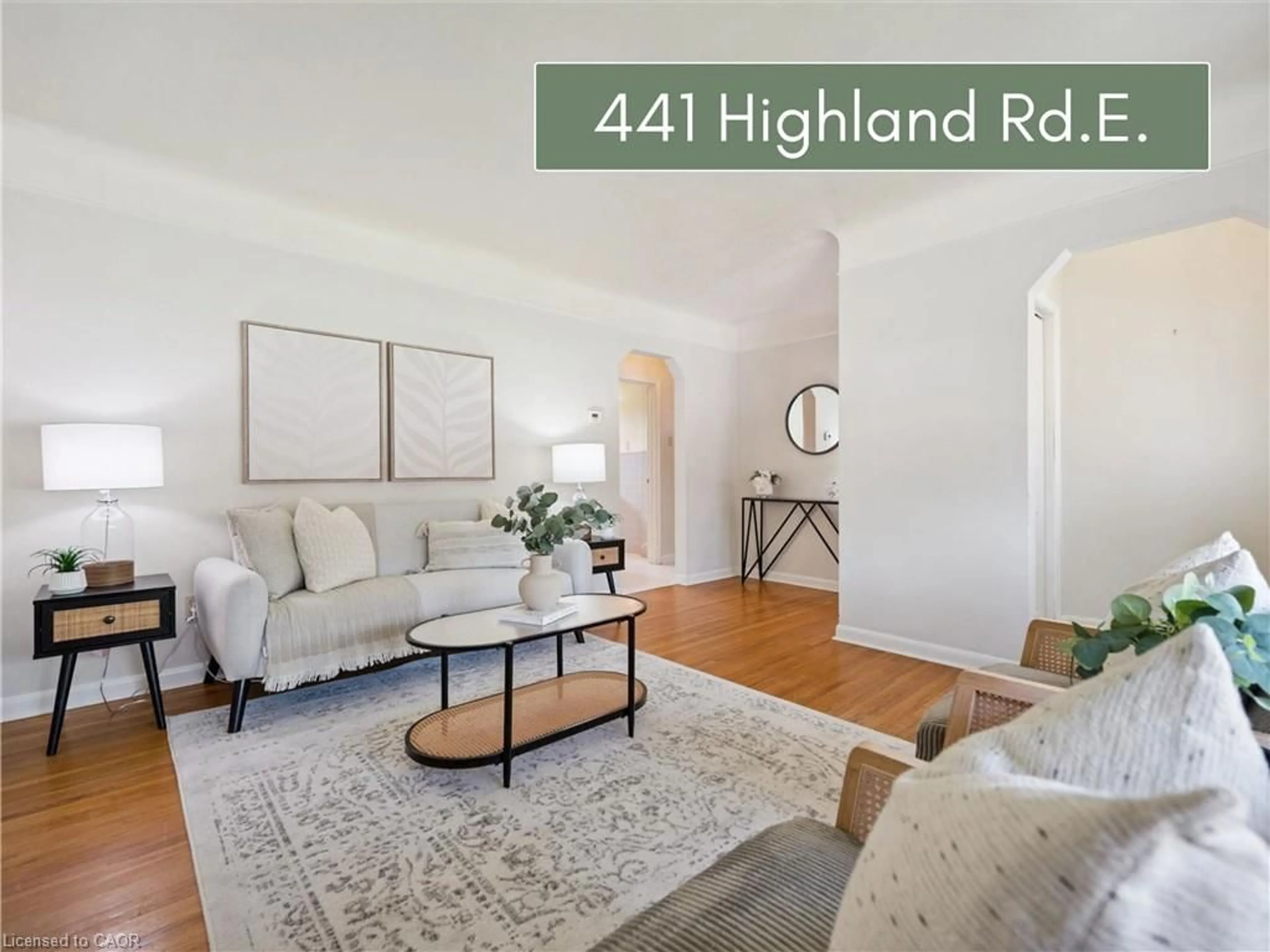 Living room with furniture, wood/laminate floor for 441 Highland Rd, Kitchener Ontario N2M 3W8