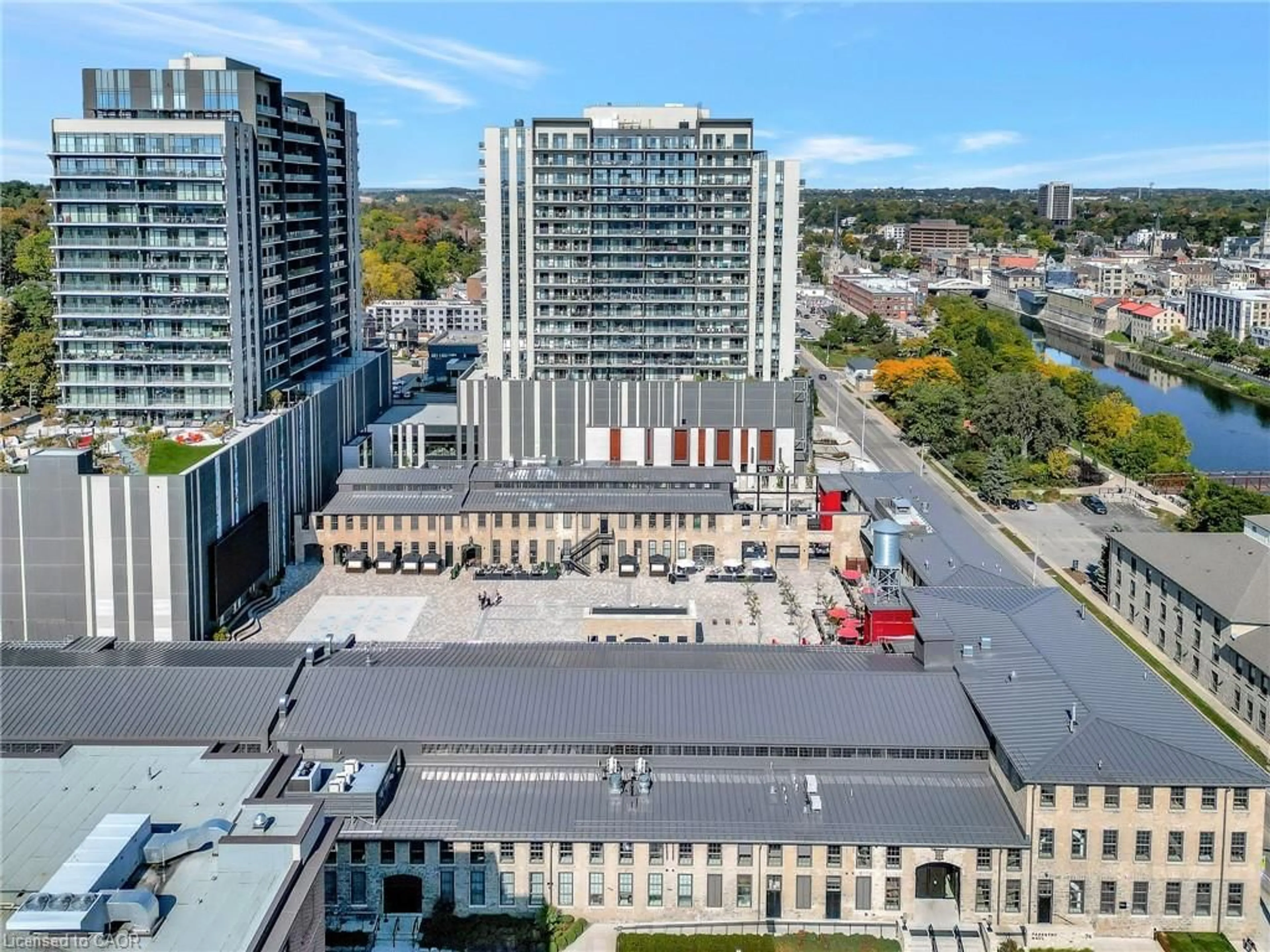 A pic from outside/outdoor area/front of a property/back of a property/a pic from drone, city buildings view from balcony for 50 Grand Ave #1013, Cambridge Ontario N1S 0C2