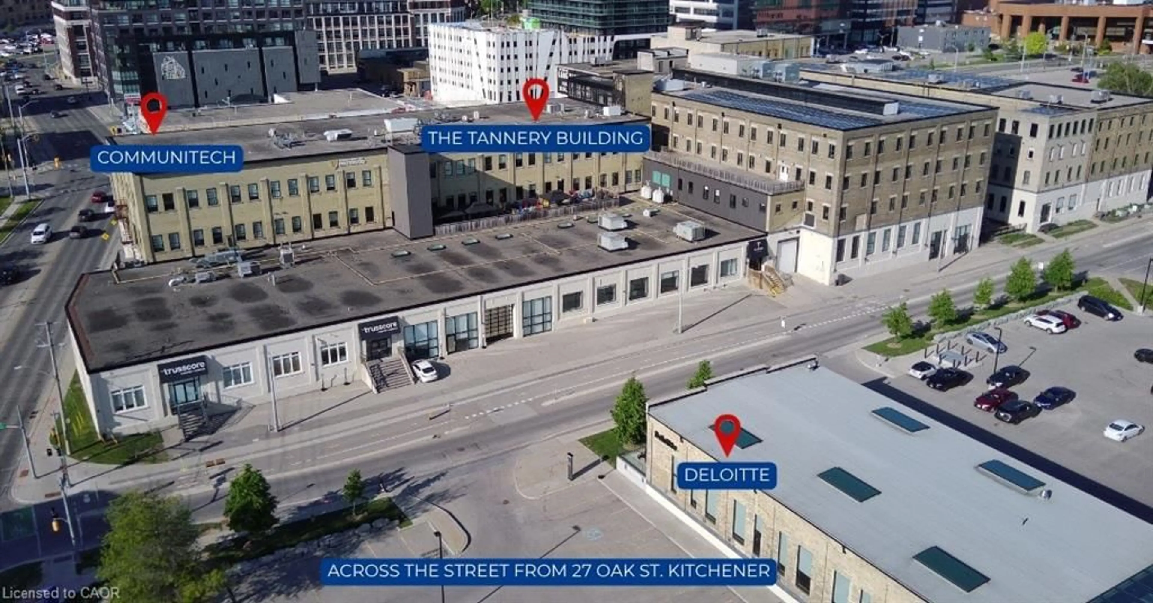 A pic from outside/outdoor area/front of a property/back of a property/a pic from drone, city buildings view from balcony for 27 Oak St, Kitchener Ontario N2G 1L4