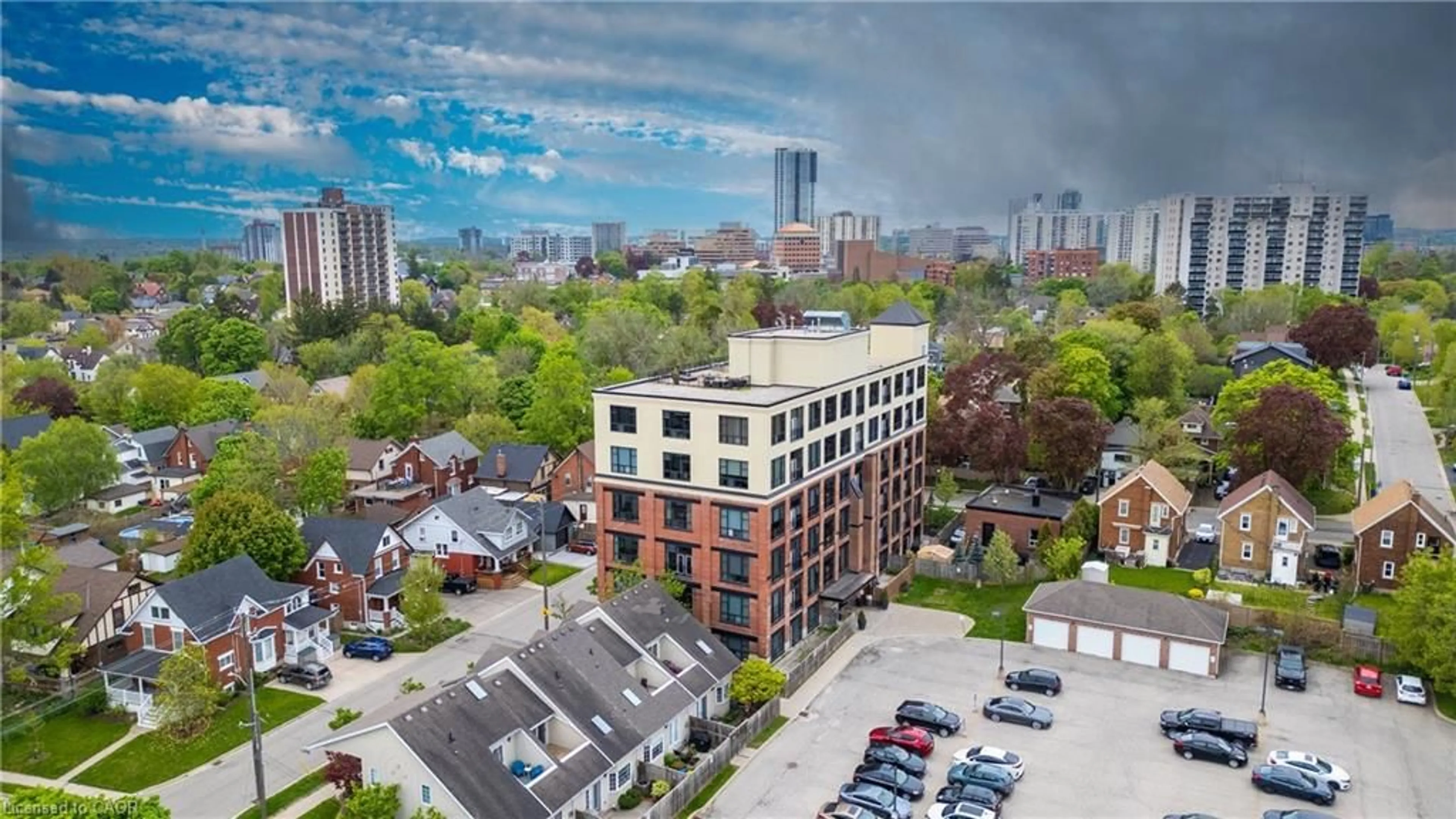 A pic from outside/outdoor area/front of a property/back of a property/a pic from drone, city buildings view from balcony for 120 Mansion St #501, Kitchener Ontario N2H 0A1