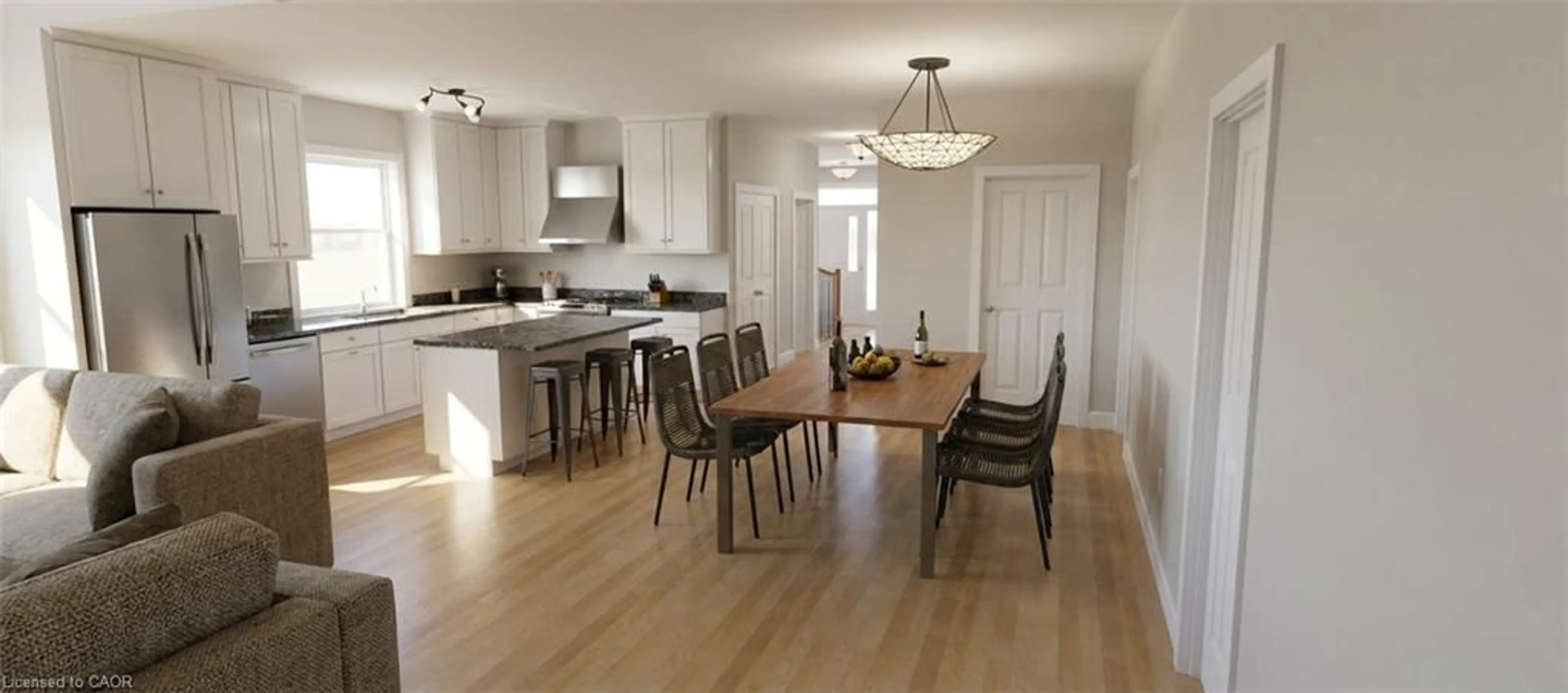 Open concept kitchen, wood/laminate floor for 11 Cobalt St, Milverton Ontario N0K 1M0