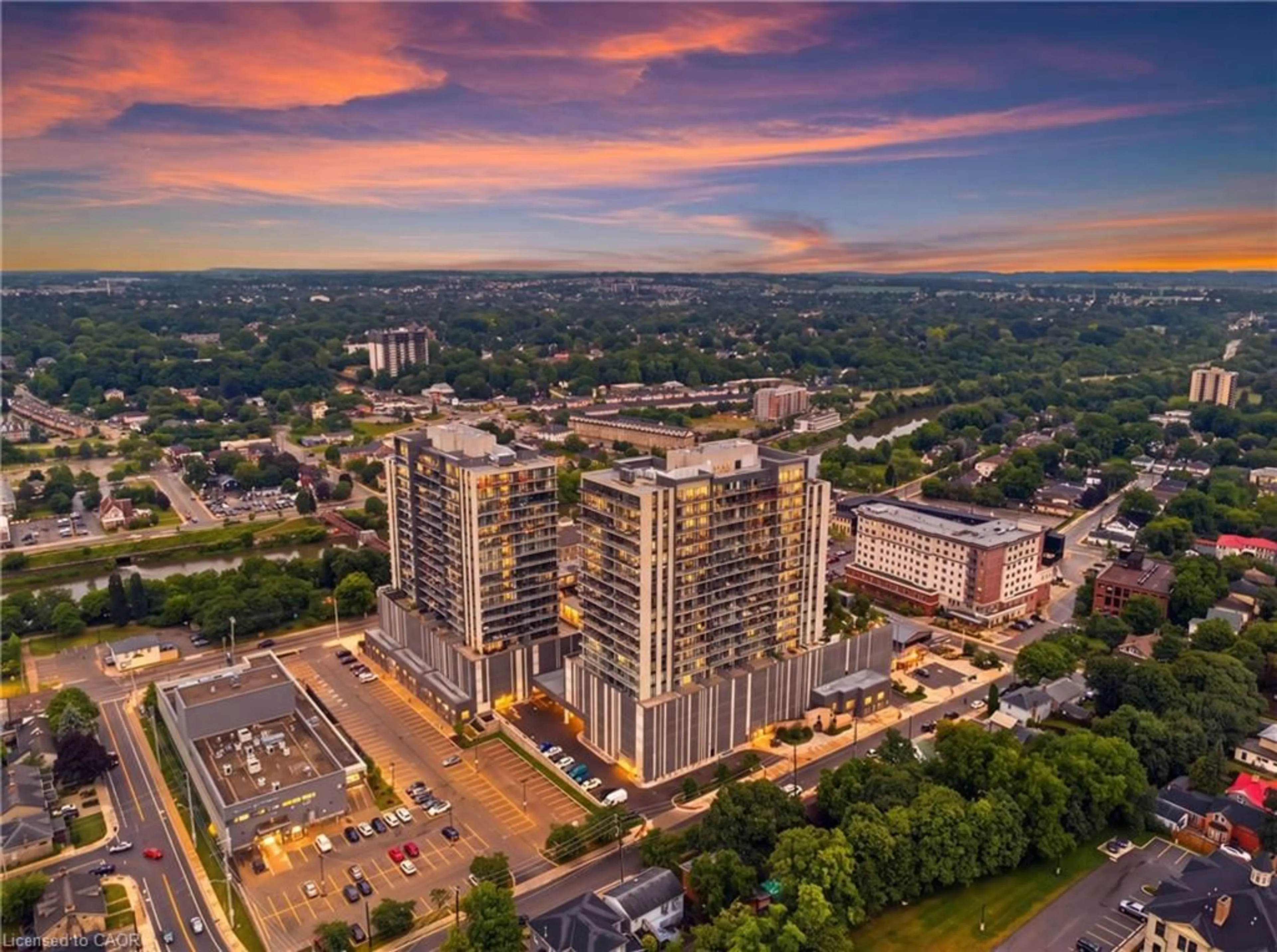 A pic from outside/outdoor area/front of a property/back of a property/a pic from drone, city buildings view from balcony for 15 Glebe St #1407, Cambridge Ontario N1S 0C3