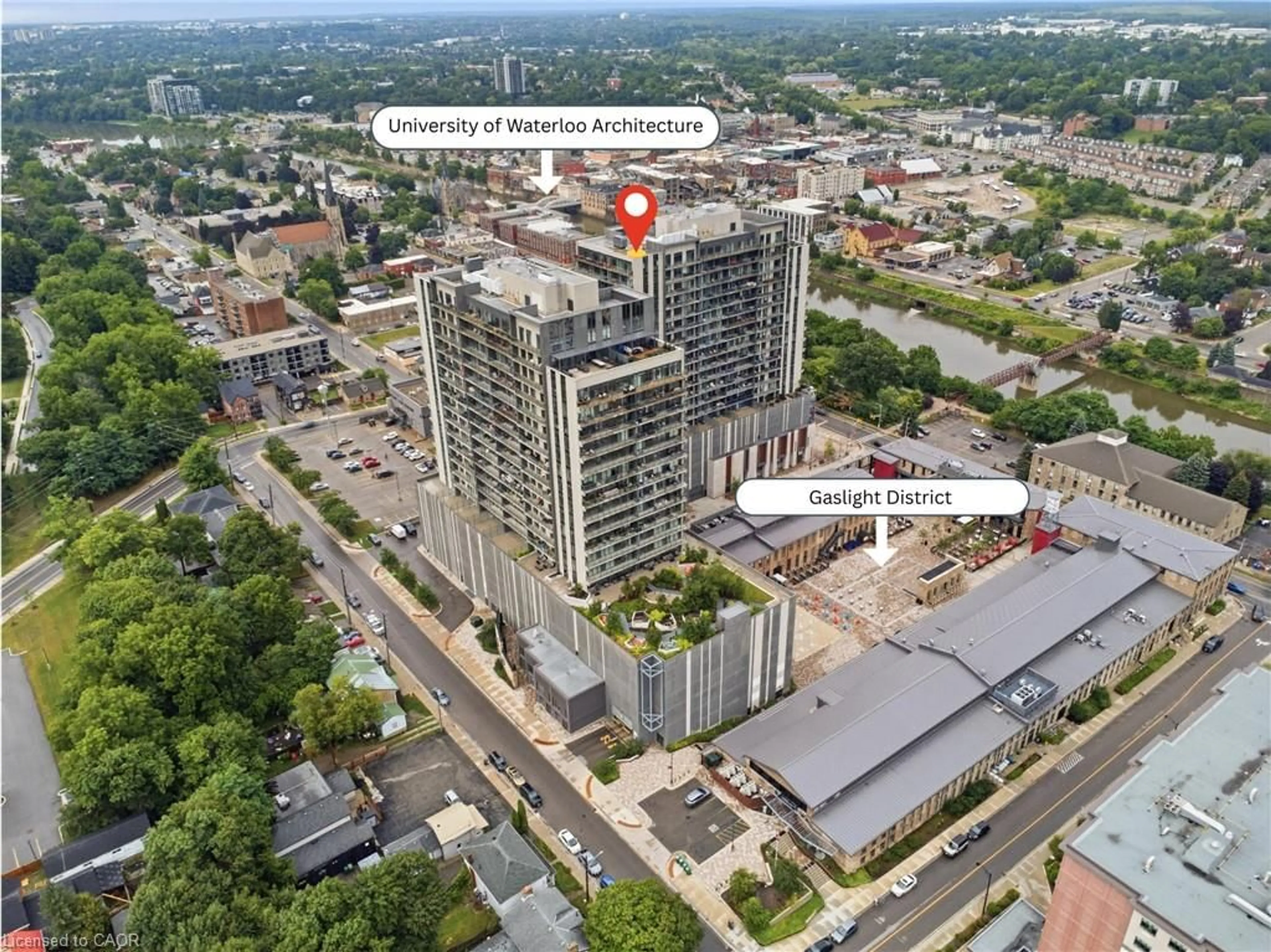 A pic from outside/outdoor area/front of a property/back of a property/a pic from drone, city buildings view from balcony for 15 Glebe St #1407, Cambridge Ontario N1S 0C3