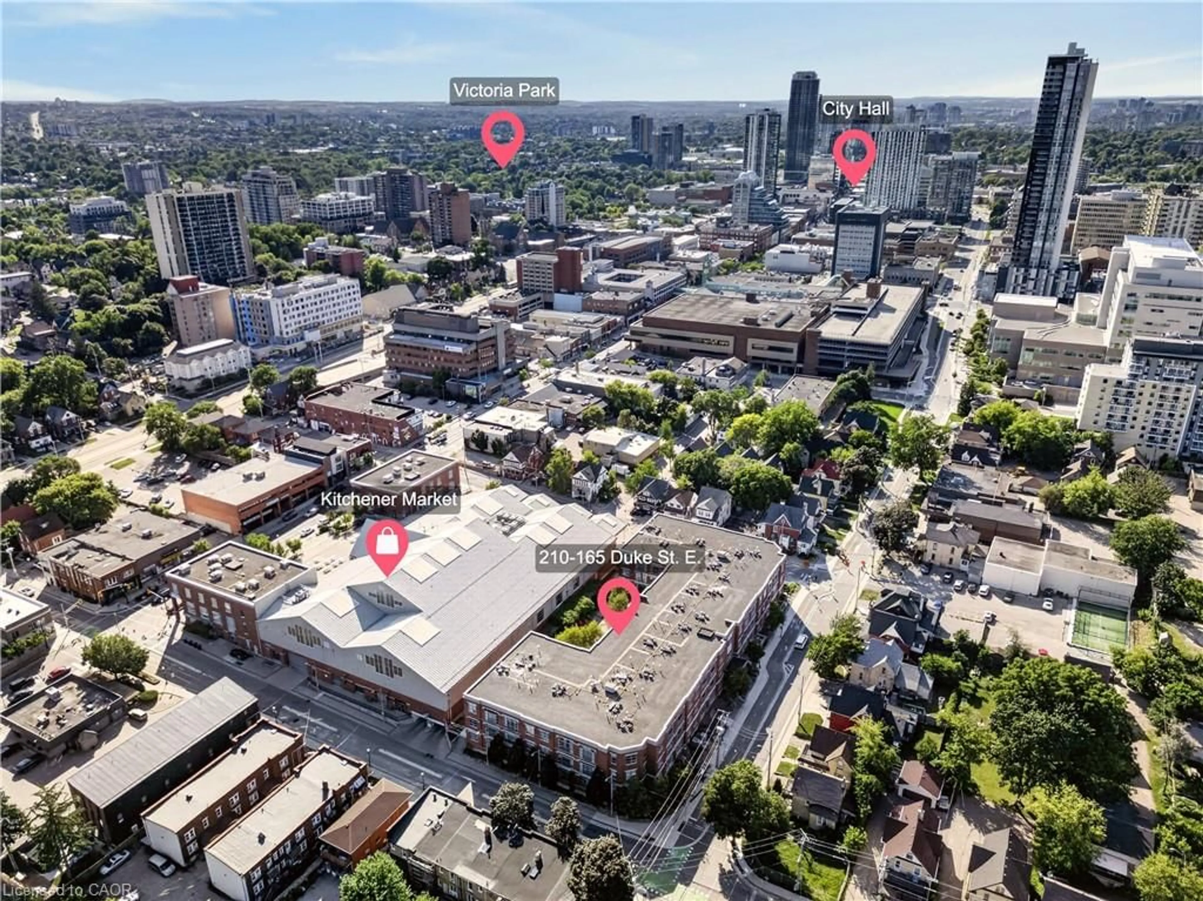 A pic from outside/outdoor area/front of a property/back of a property/a pic from drone, city buildings view from balcony for 165 Duke St #210, Kitchener Ontario N2H 6T8