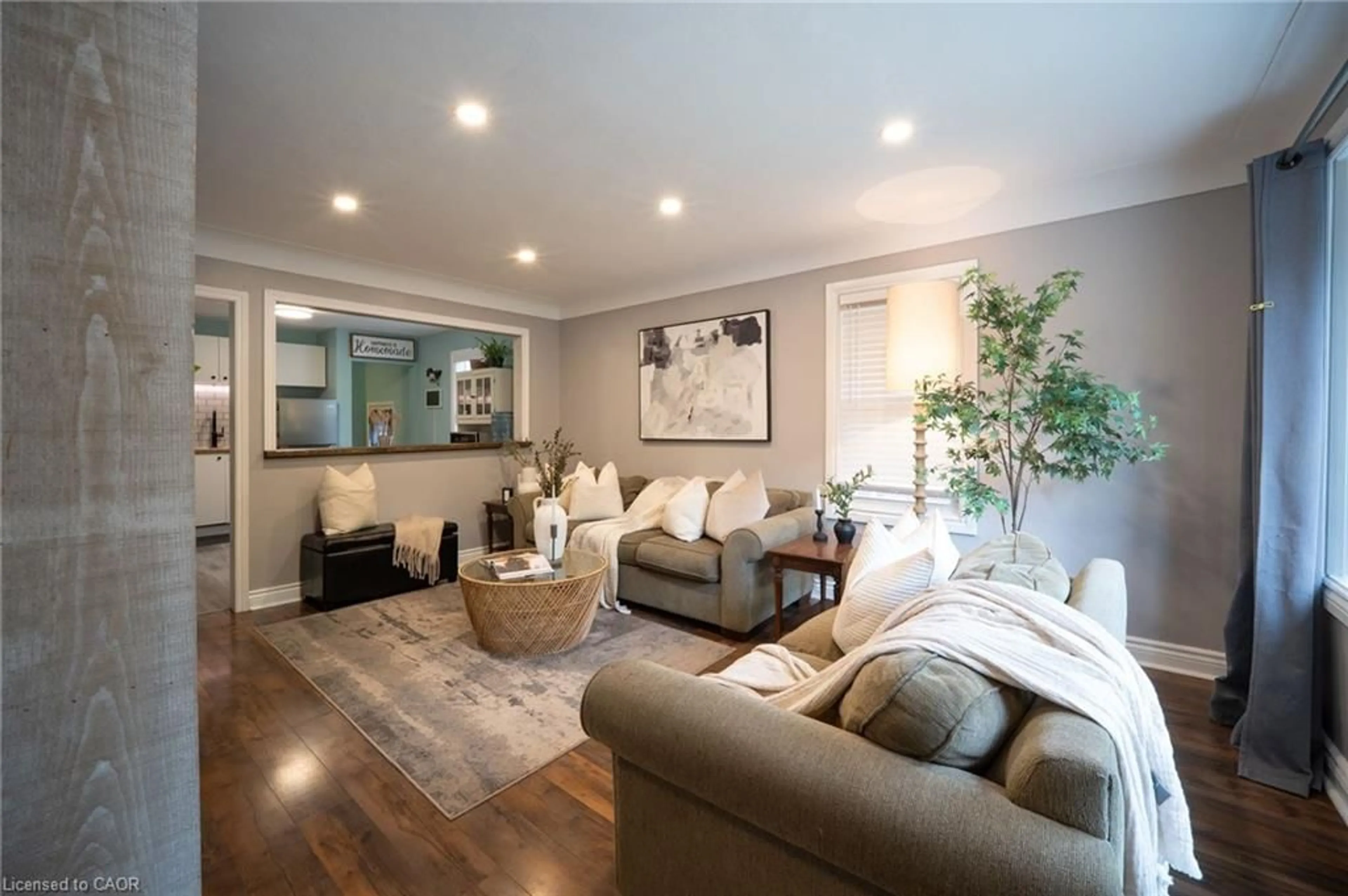 Living room with furniture, wood/laminate floor for 115 Sheridan St, Brantford Ontario N3S 4P5