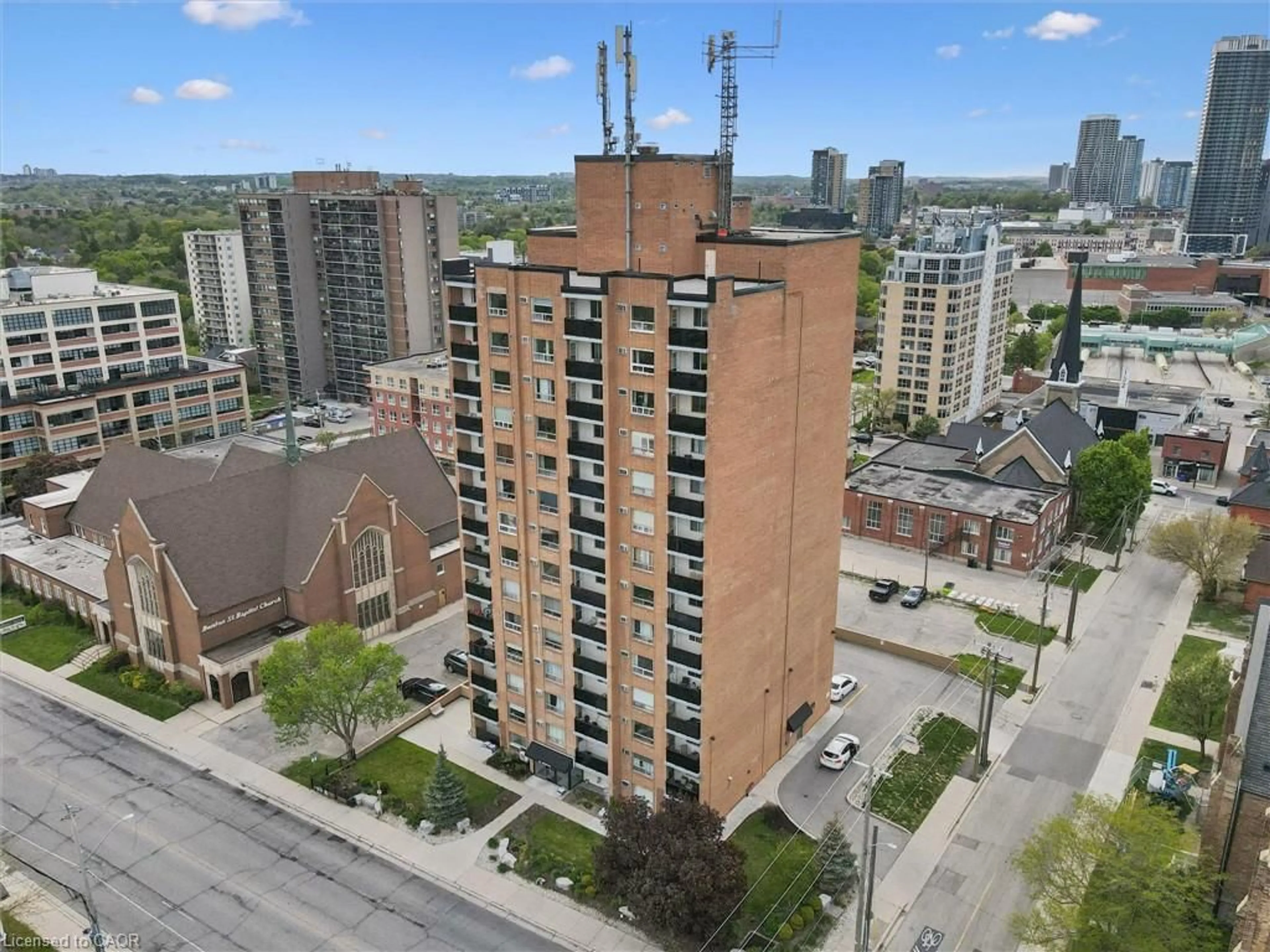 A pic from outside/outdoor area/front of a property/back of a property/a pic from drone, city buildings view from balcony for 64 Benton St #906, Kitchener Ontario N2G 4L9