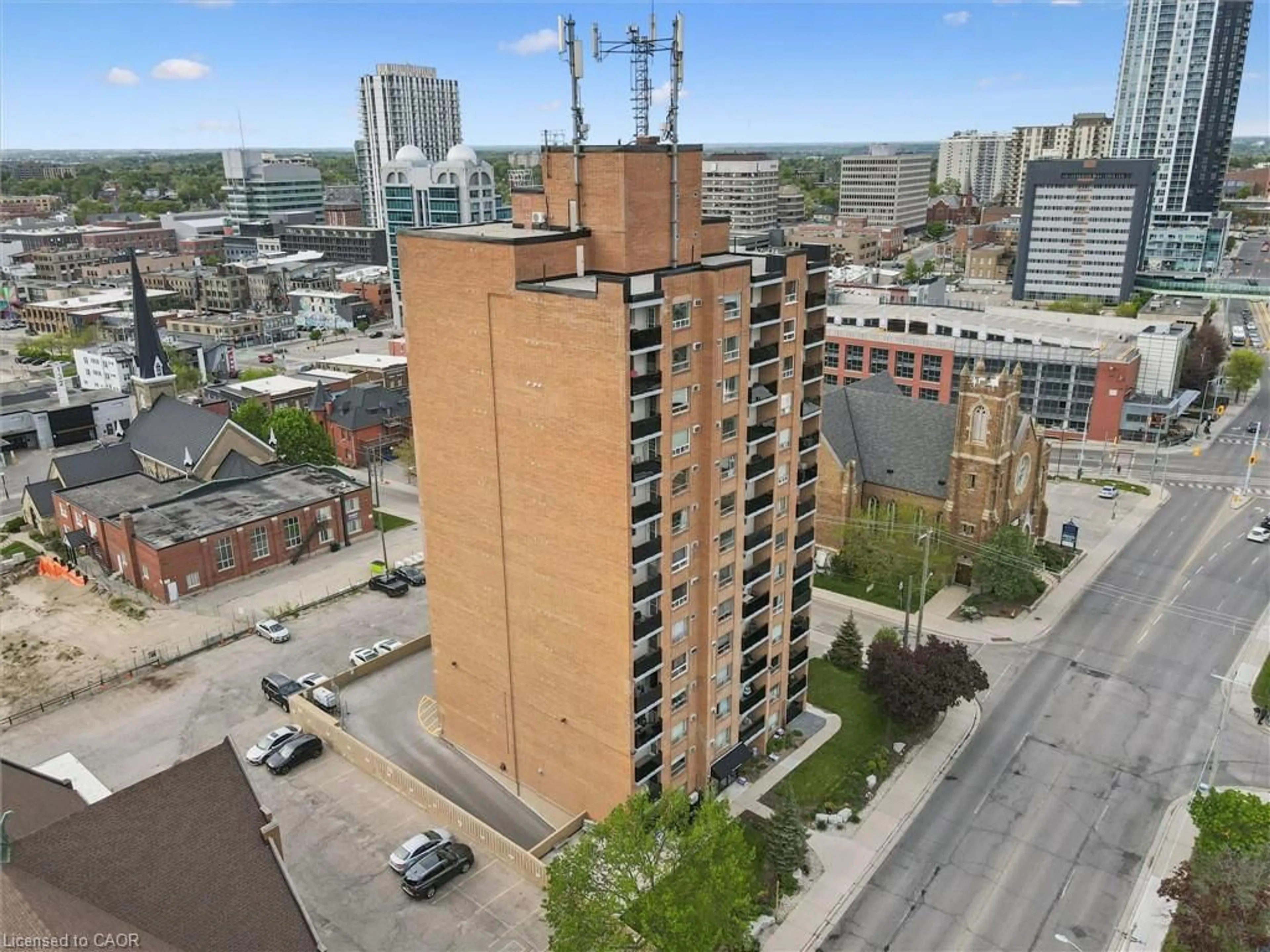 A pic from outside/outdoor area/front of a property/back of a property/a pic from drone, city buildings view from balcony for 64 Benton St #906, Kitchener Ontario N2G 4L9