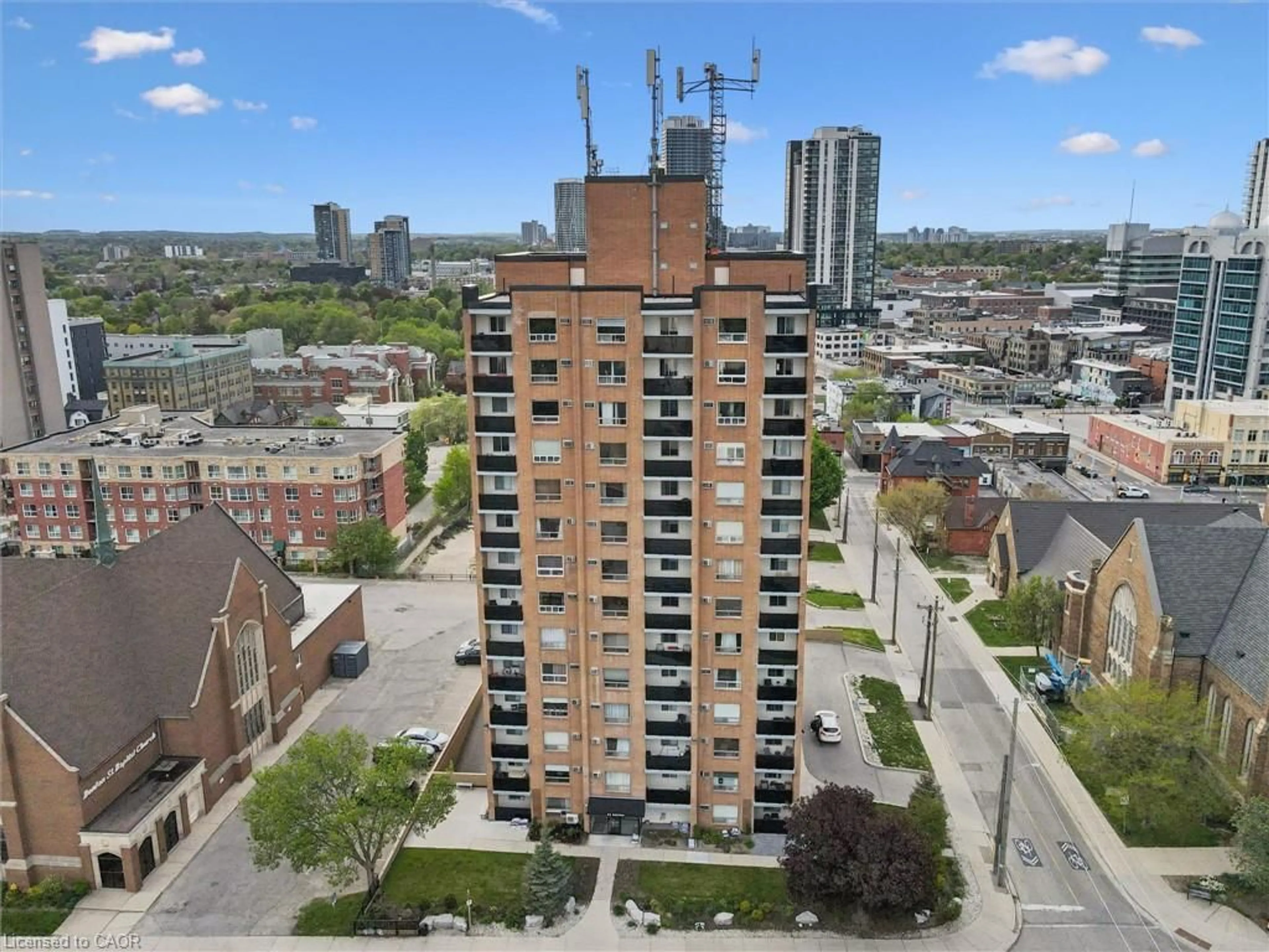 A pic from outside/outdoor area/front of a property/back of a property/a pic from drone, city buildings view from balcony for 64 Benton St #906, Kitchener Ontario N2G 4L9