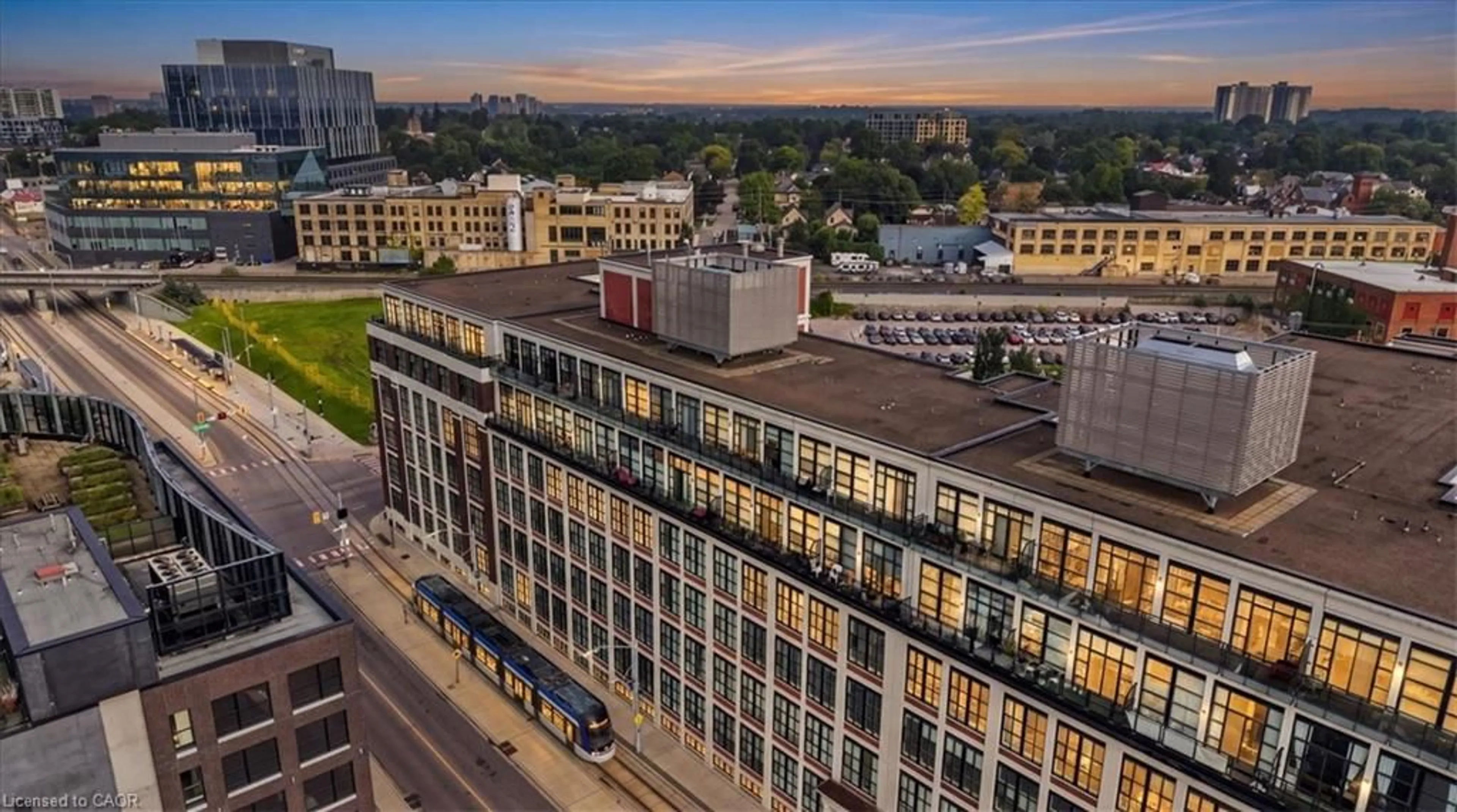 A pic from outside/outdoor area/front of a property/back of a property/a pic from drone, city buildings view from balcony for 410 King St #408, Kitchener Ontario N2G 1C3