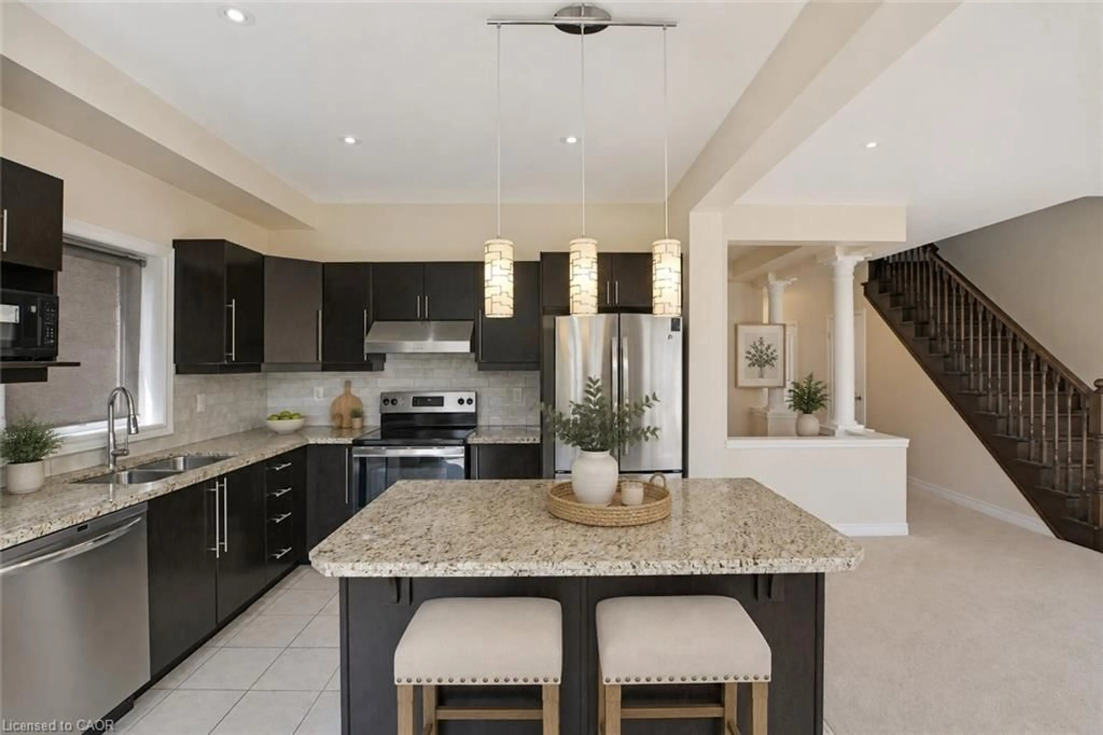 Open concept kitchen, ceramic/tile floor for 34 House Lane, Ancaster Ontario L9K 0G1