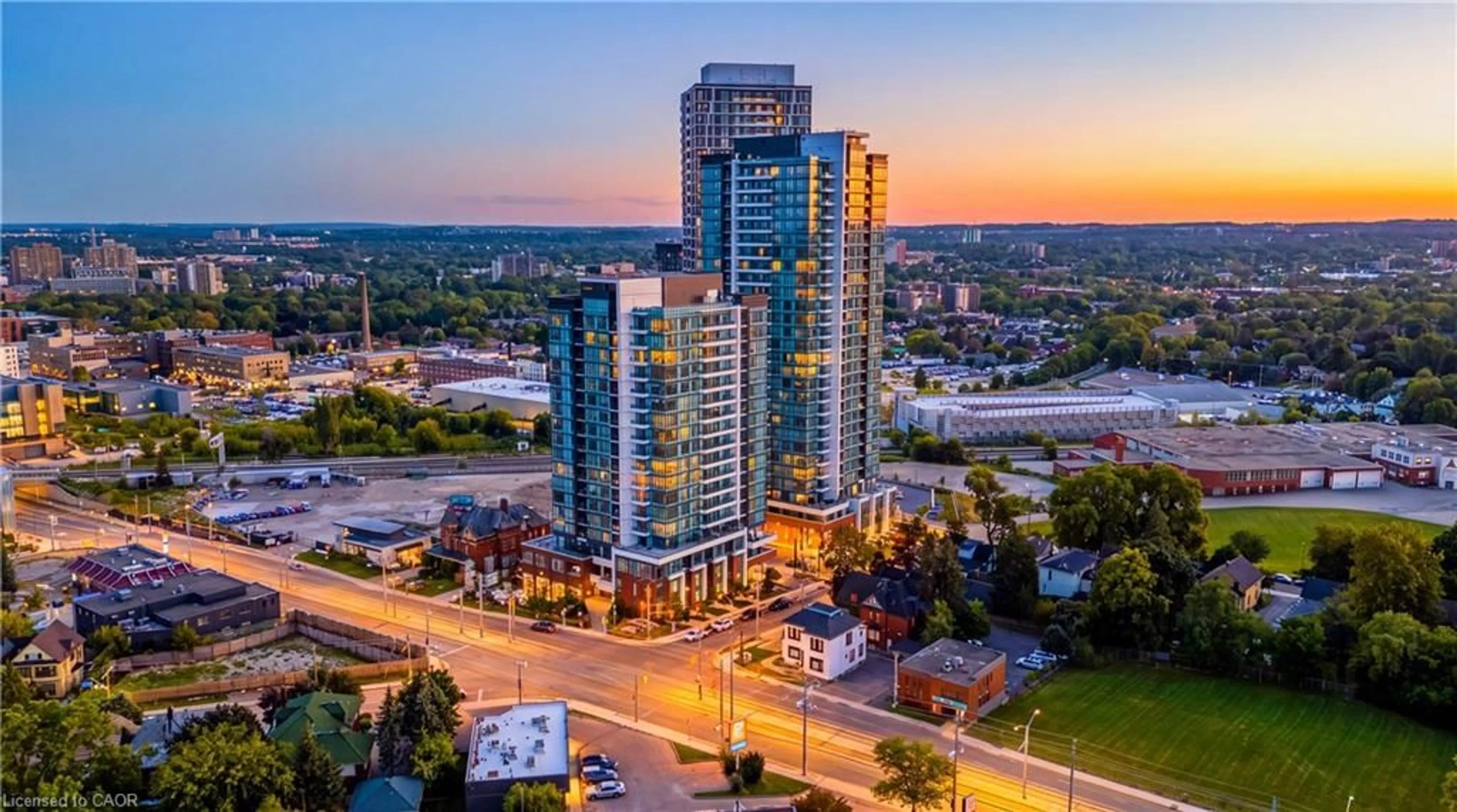 A pic from outside/outdoor area/front of a property/back of a property/a pic from drone, city buildings view from balcony for 5 Wellington St #1011, Kitchener Ontario N2G 0E3