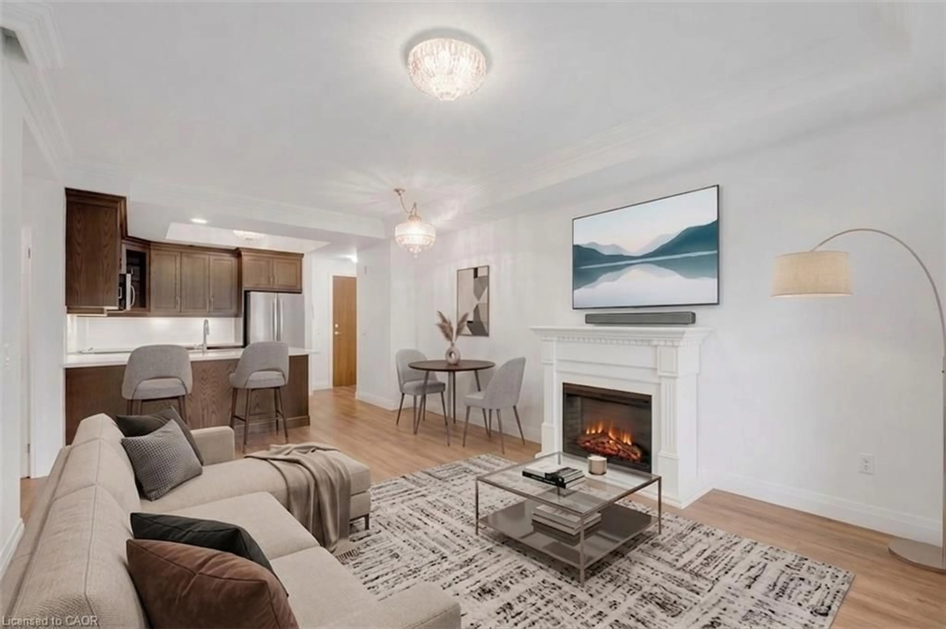 Living room with furniture, wood/laminate floor for 30 Hamilton St #313, Waterdown Ontario L8B 1V8