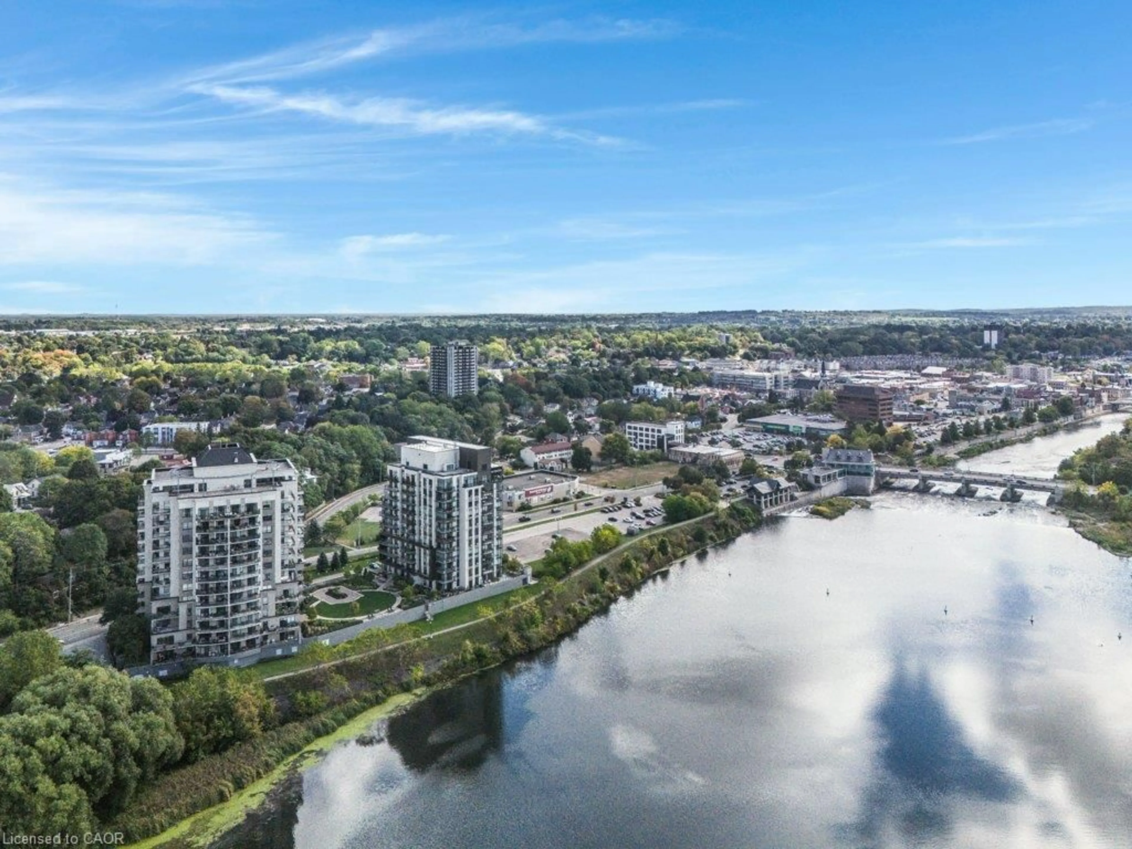 A pic from outside/outdoor area/front of a property/back of a property/a pic from drone, water/lake/river/ocean view for 170 Water St #804, Cambridge Ontario N1R 3B6