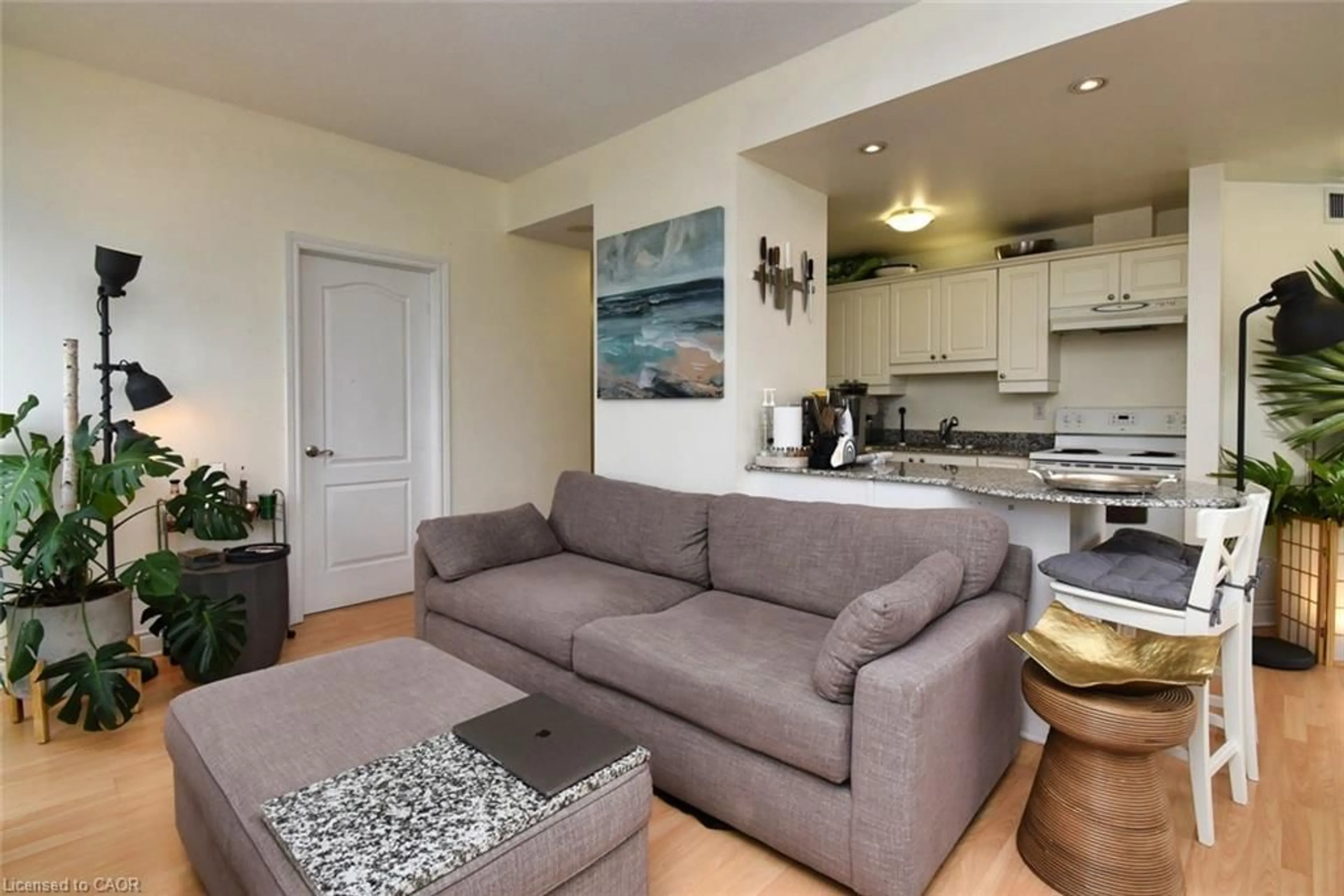 Living room with furniture, wood/laminate floor for 135 James St #502, Hamilton Ontario L8P 2Z6