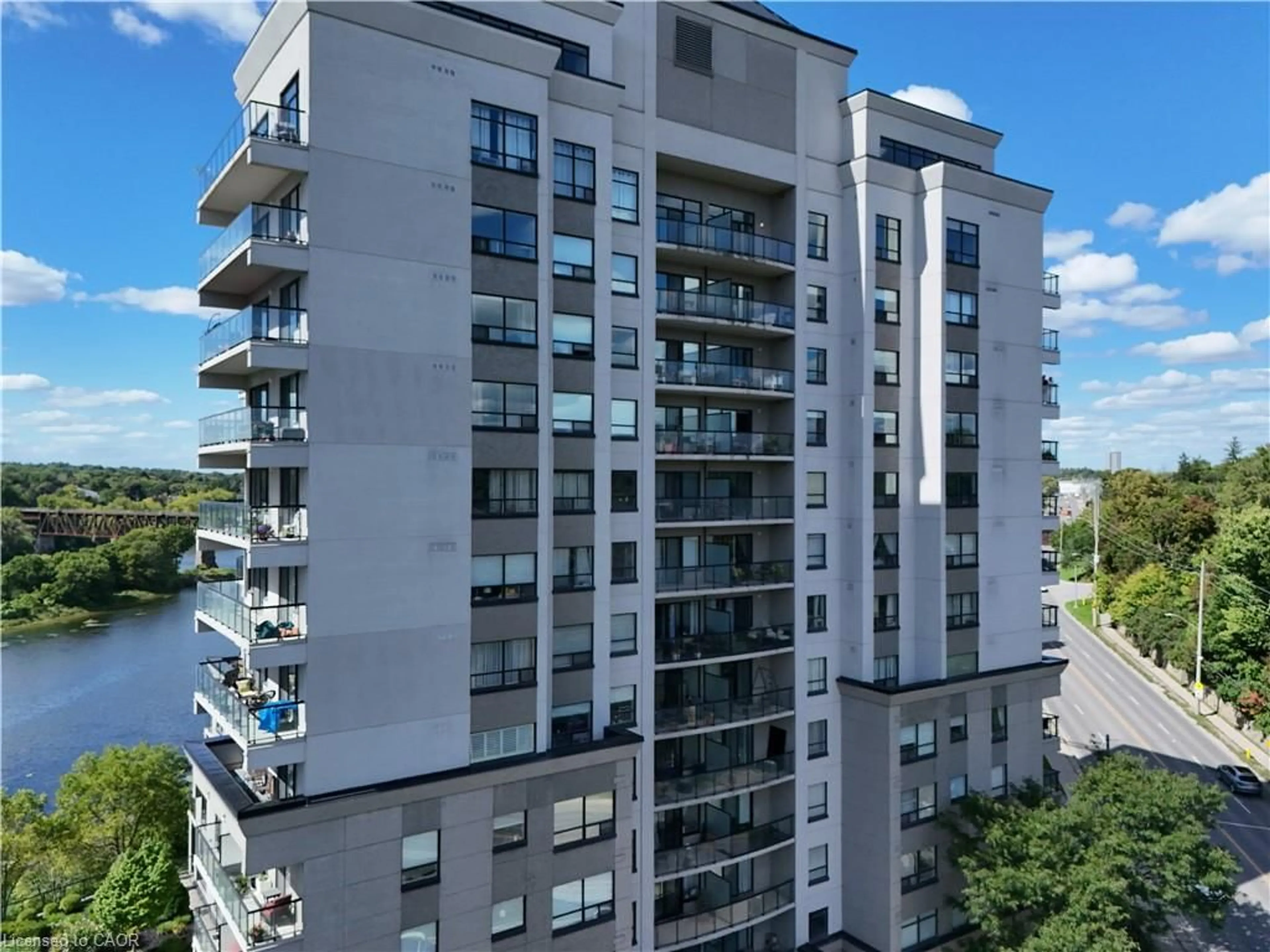 A pic from outside/outdoor area/front of a property/back of a property/a pic from drone, city buildings view from balcony for 170 Water St #805, Cambridge Ontario N1R 3B6