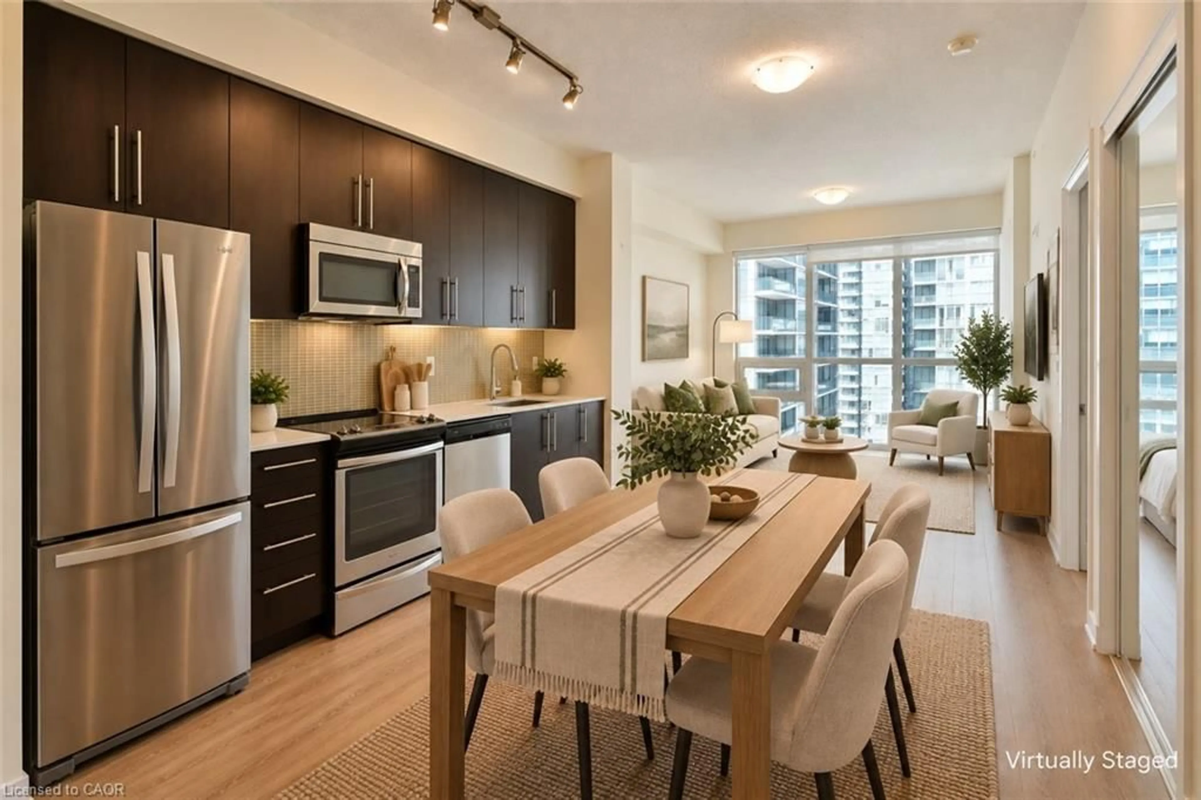 Open concept kitchen, wood/laminate floor for 510 Curran Pl #2005, Mississauga Ontario L5B 0J8