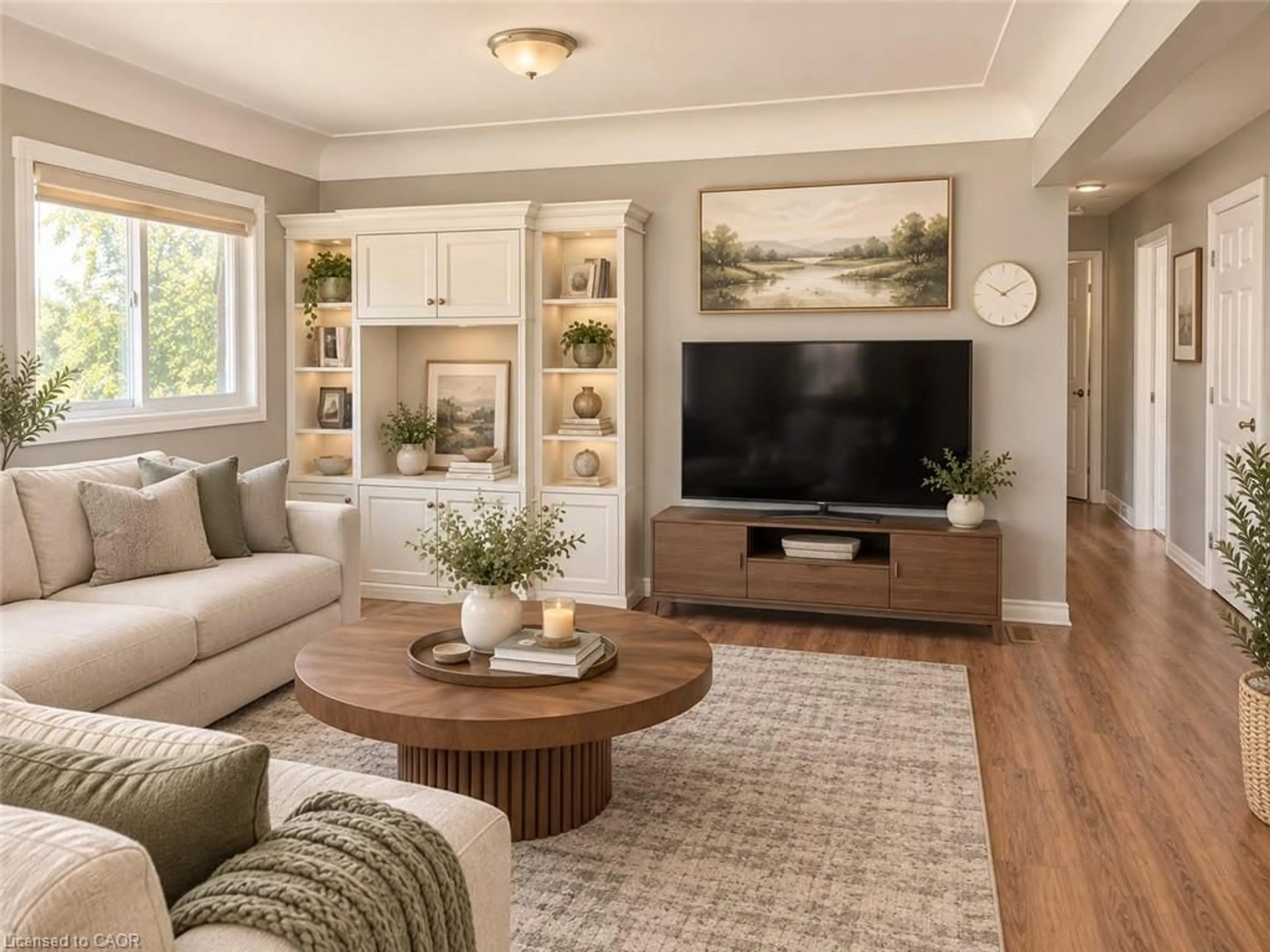 Living room with furniture, wood/laminate floor for 114 Doon Valley Dr, Kitchener Ontario N2P 1B2
