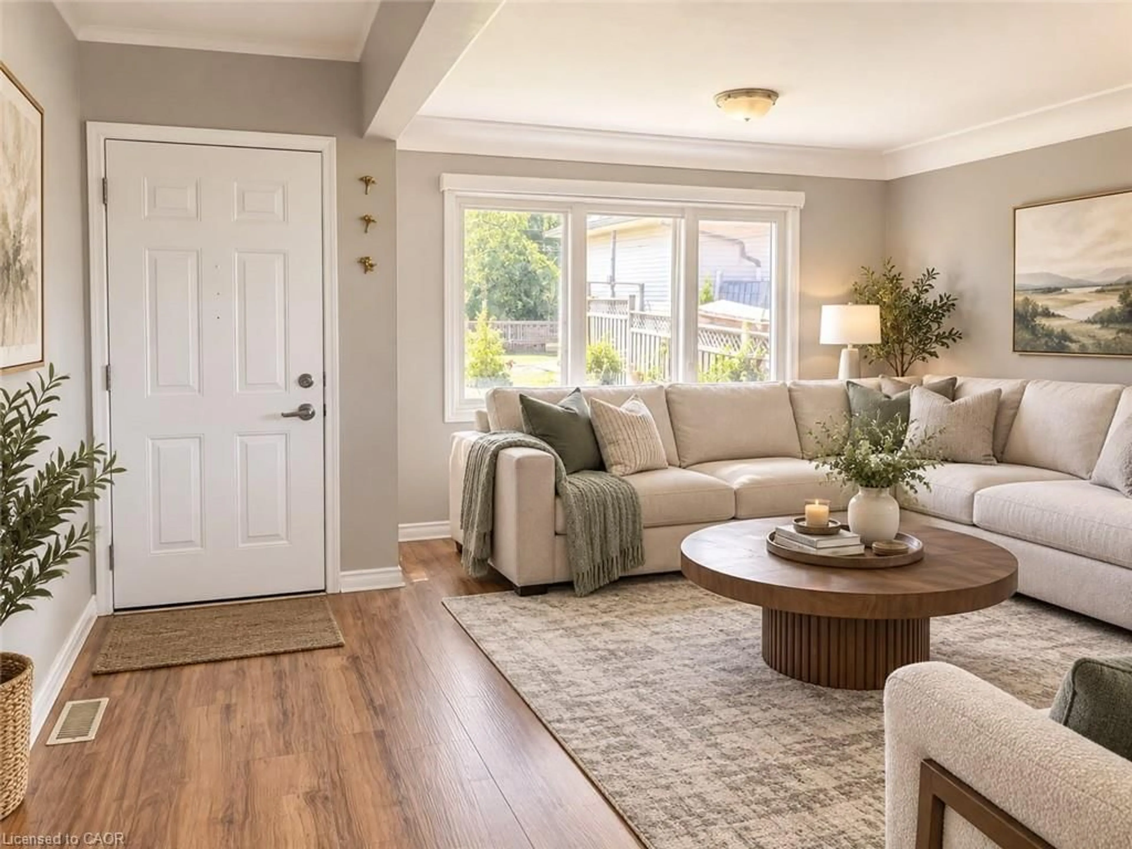 Living room with furniture, wood/laminate floor for 114 Doon Valley Dr, Kitchener Ontario N2P 1B2