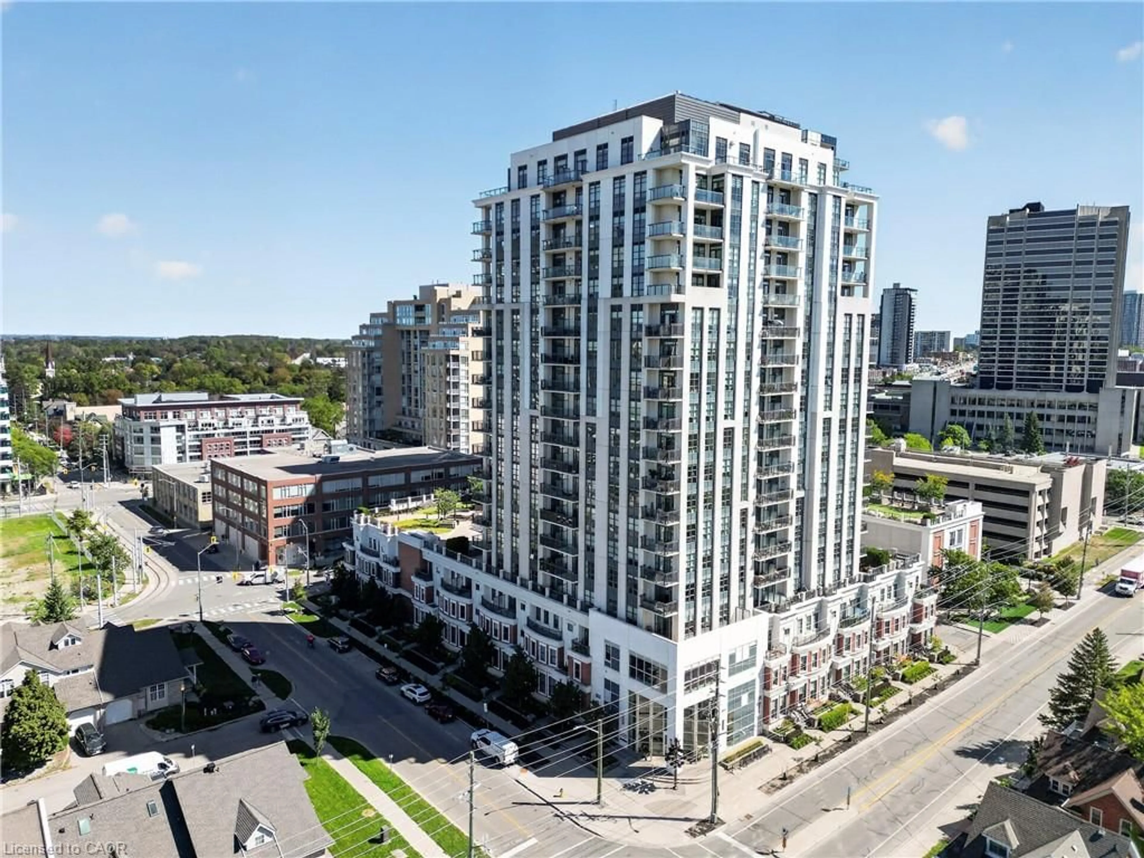 A pic from outside/outdoor area/front of a property/back of a property/a pic from drone, city buildings view from balcony for 144 Park St #1807, Waterloo Ontario N2L 0B6