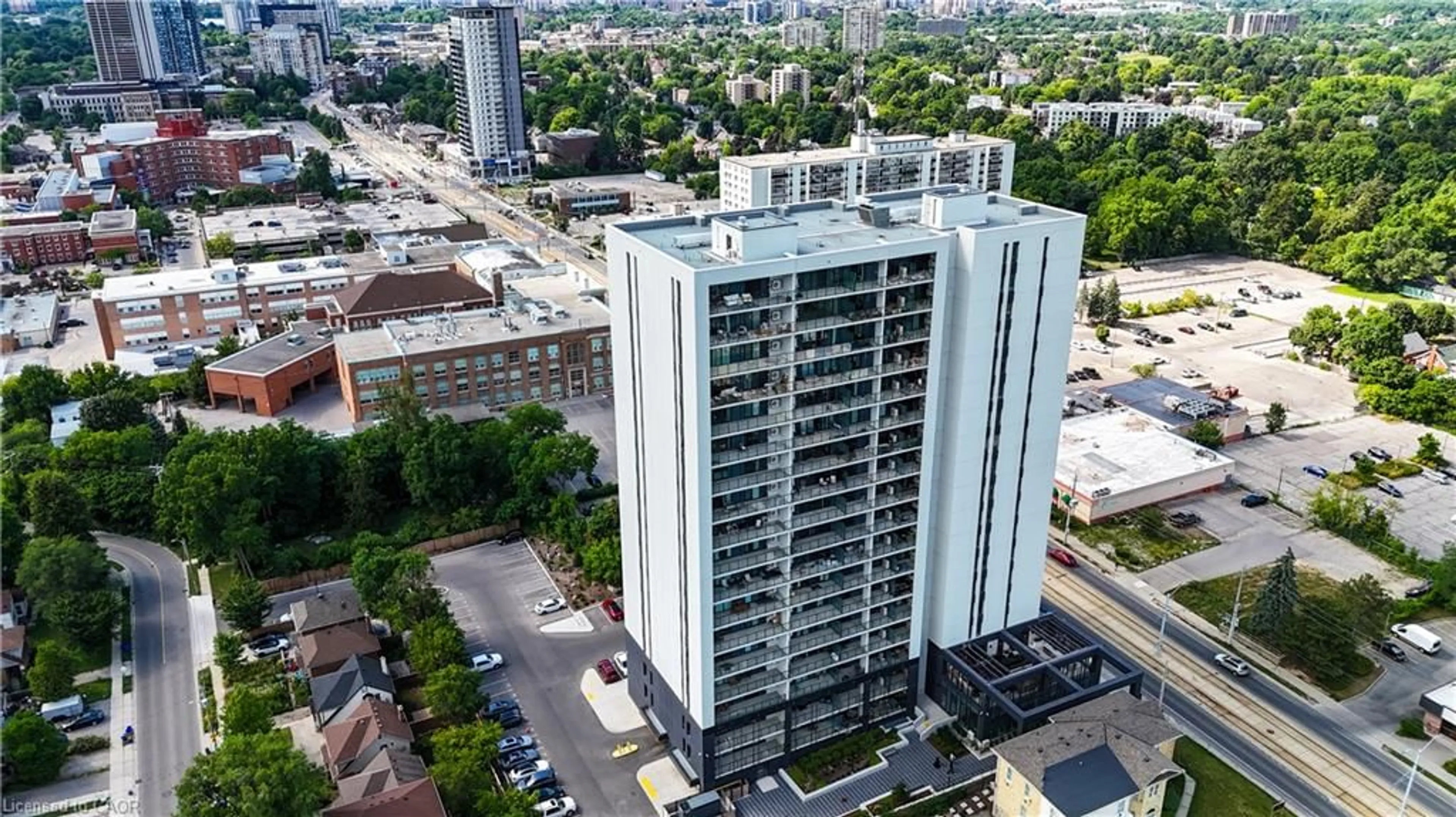 A pic from outside/outdoor area/front of a property/back of a property/a pic from drone, city buildings view from balcony for 741 King St #201, Kitchener Ontario N2G 4K9