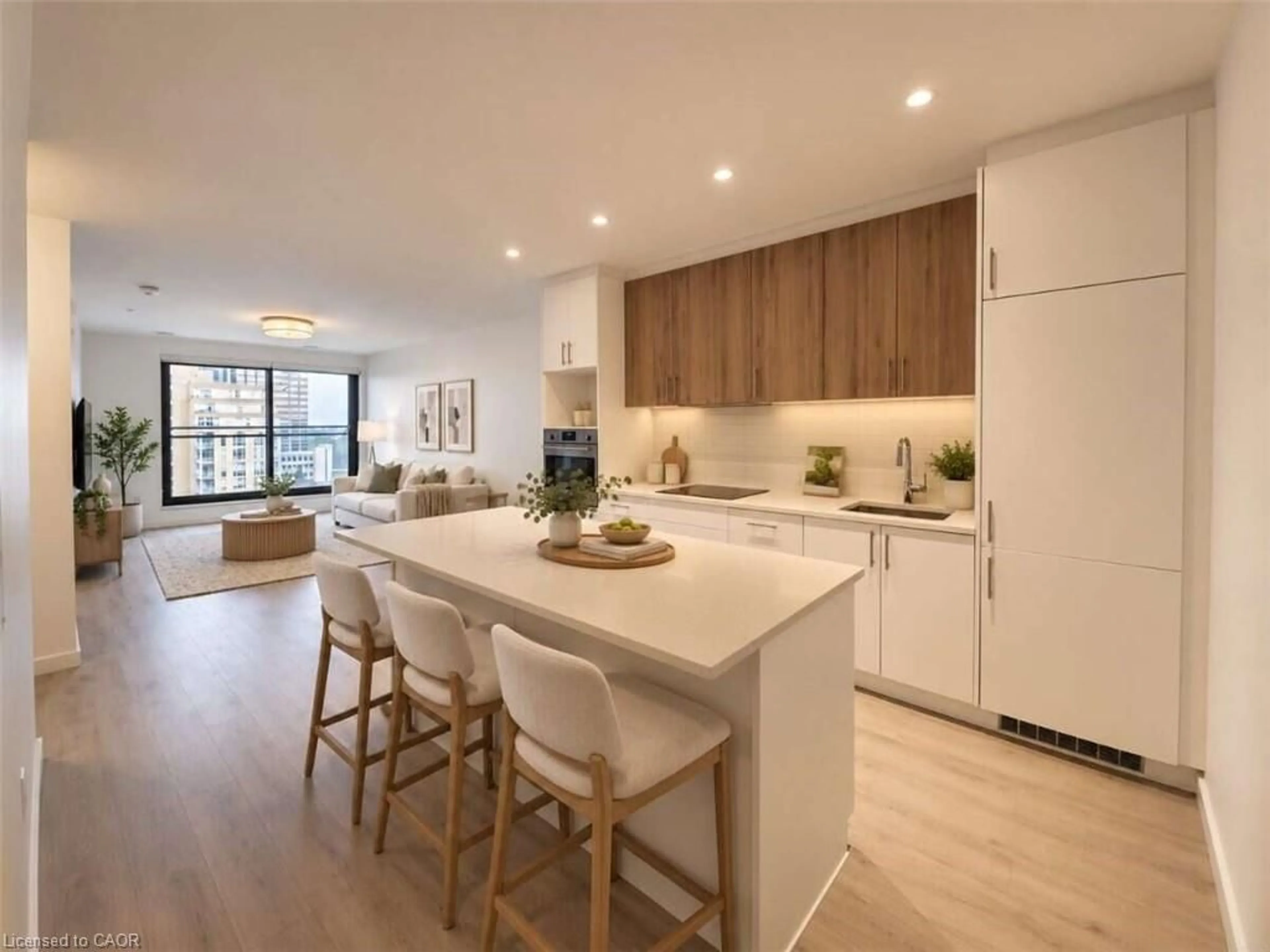 Open concept kitchen, wood/laminate floor for 181 King St #1212, Waterloo Ontario N2J 1P7