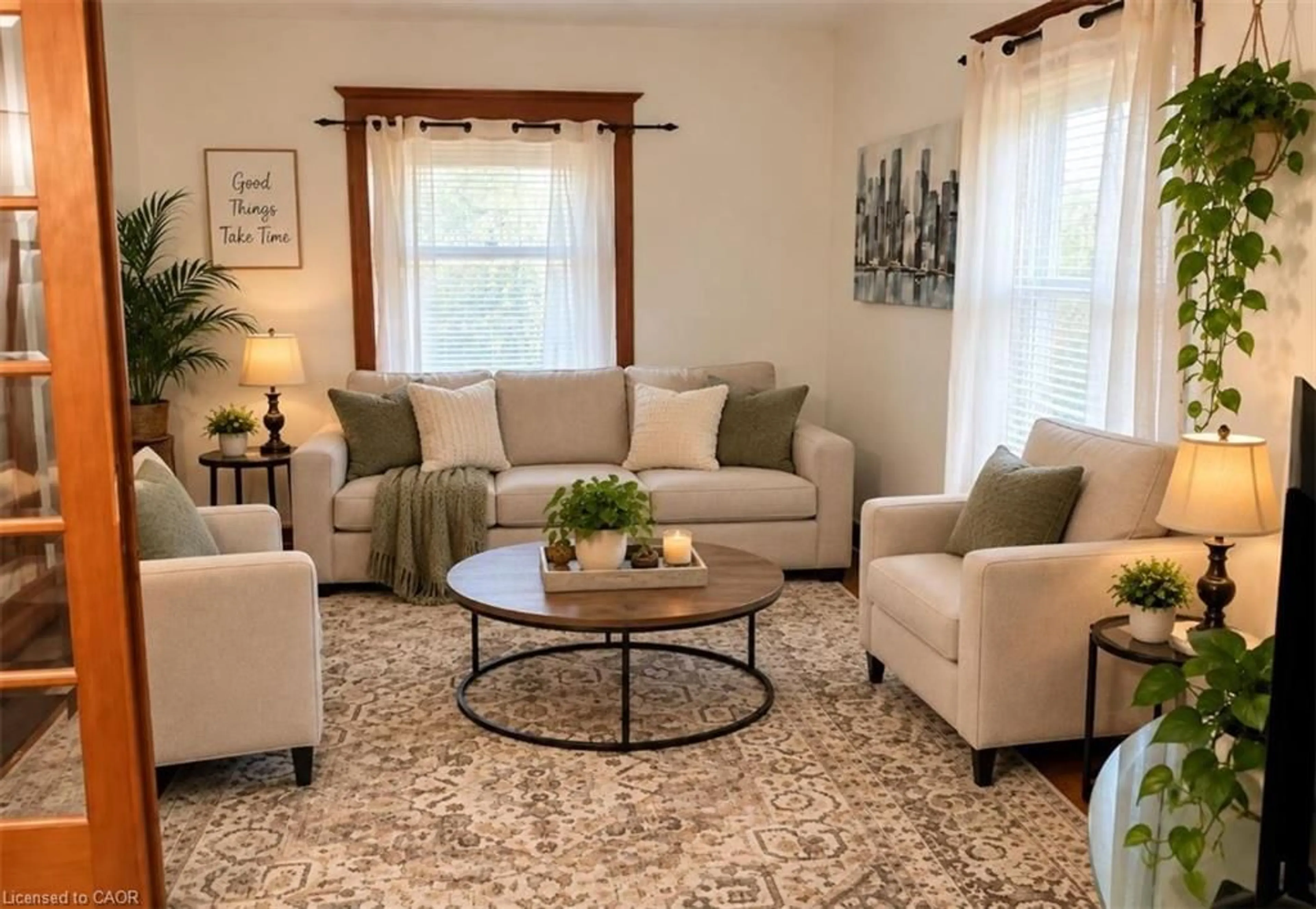 Living room with furniture, carpet floor for 60 Lynnwood Ave, Simcoe Ontario N3Y 2V6
