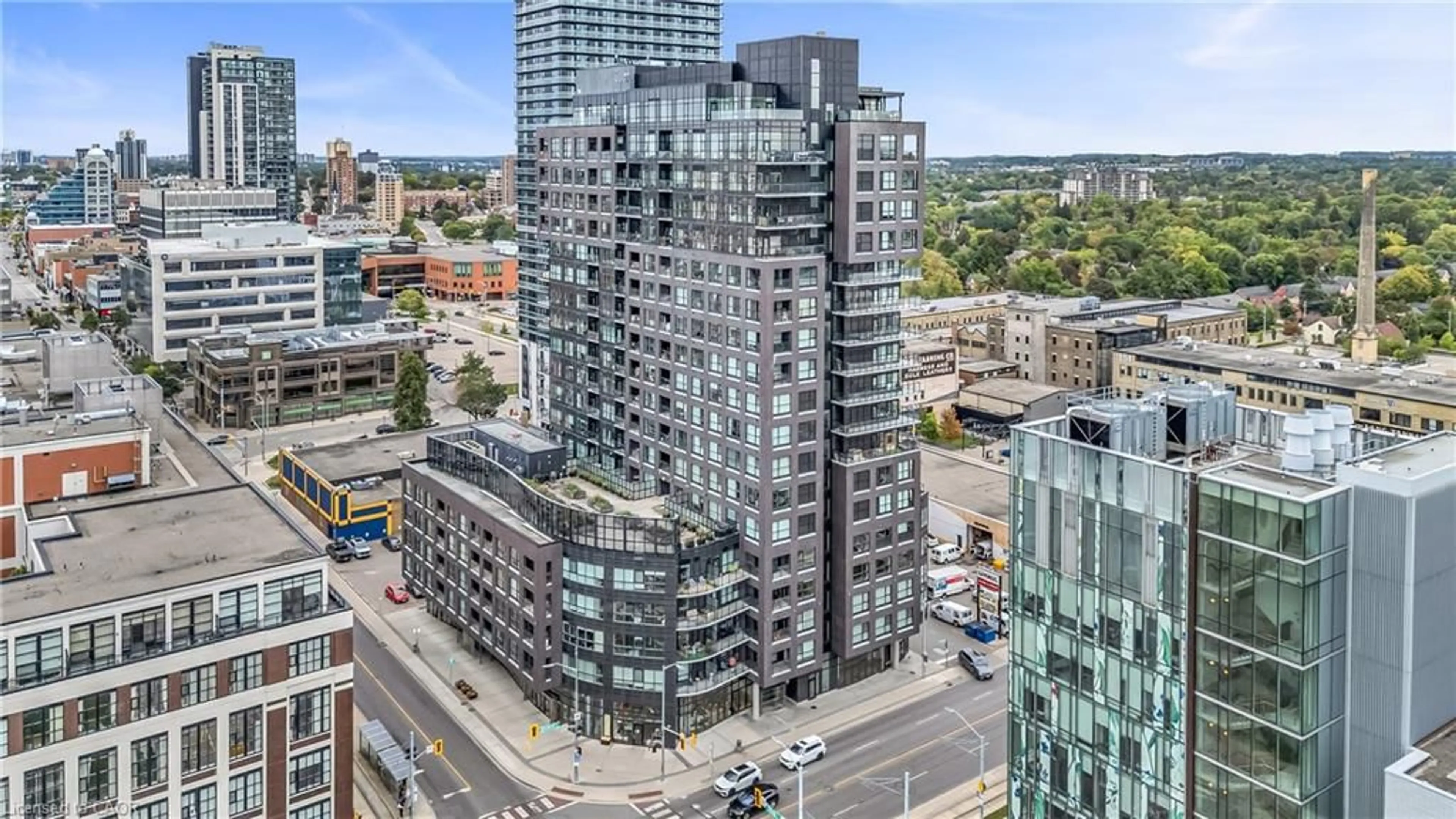 A pic from outside/outdoor area/front of a property/back of a property/a pic from drone, city buildings view from balcony for 1 Victoria St #806, Kitchener Ontario N2G 1G1
