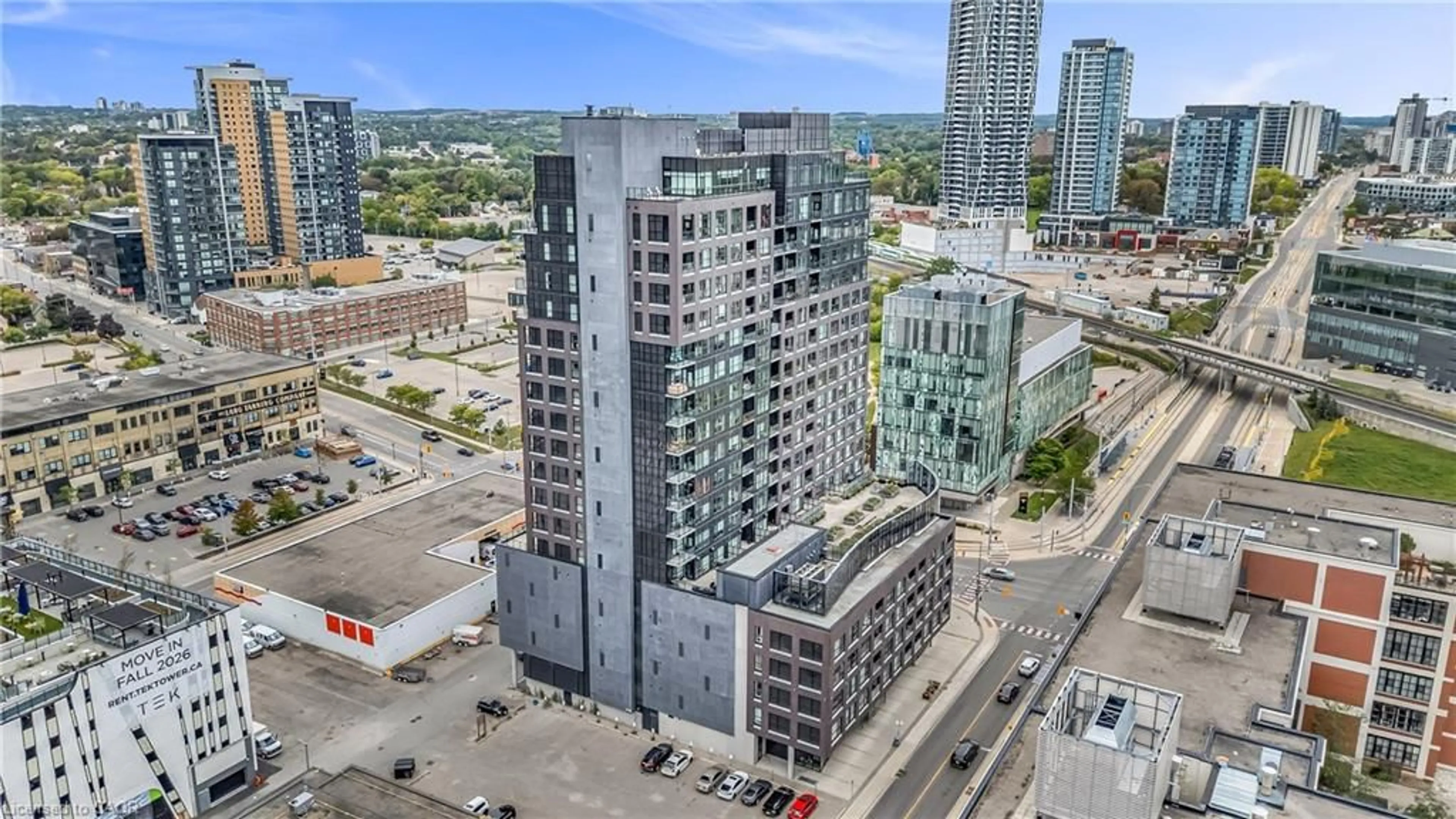 A pic from outside/outdoor area/front of a property/back of a property/a pic from drone, city buildings view from balcony for 1 Victoria St #806, Kitchener Ontario N2G 1G1